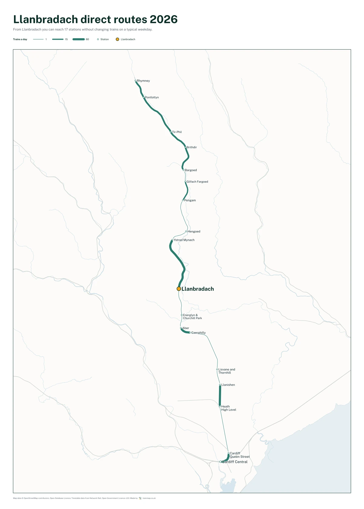 Llanbradach direct routes 2026: a map of every station you can reach from Llanbradach without changing trains, the lines thicker where more trains run