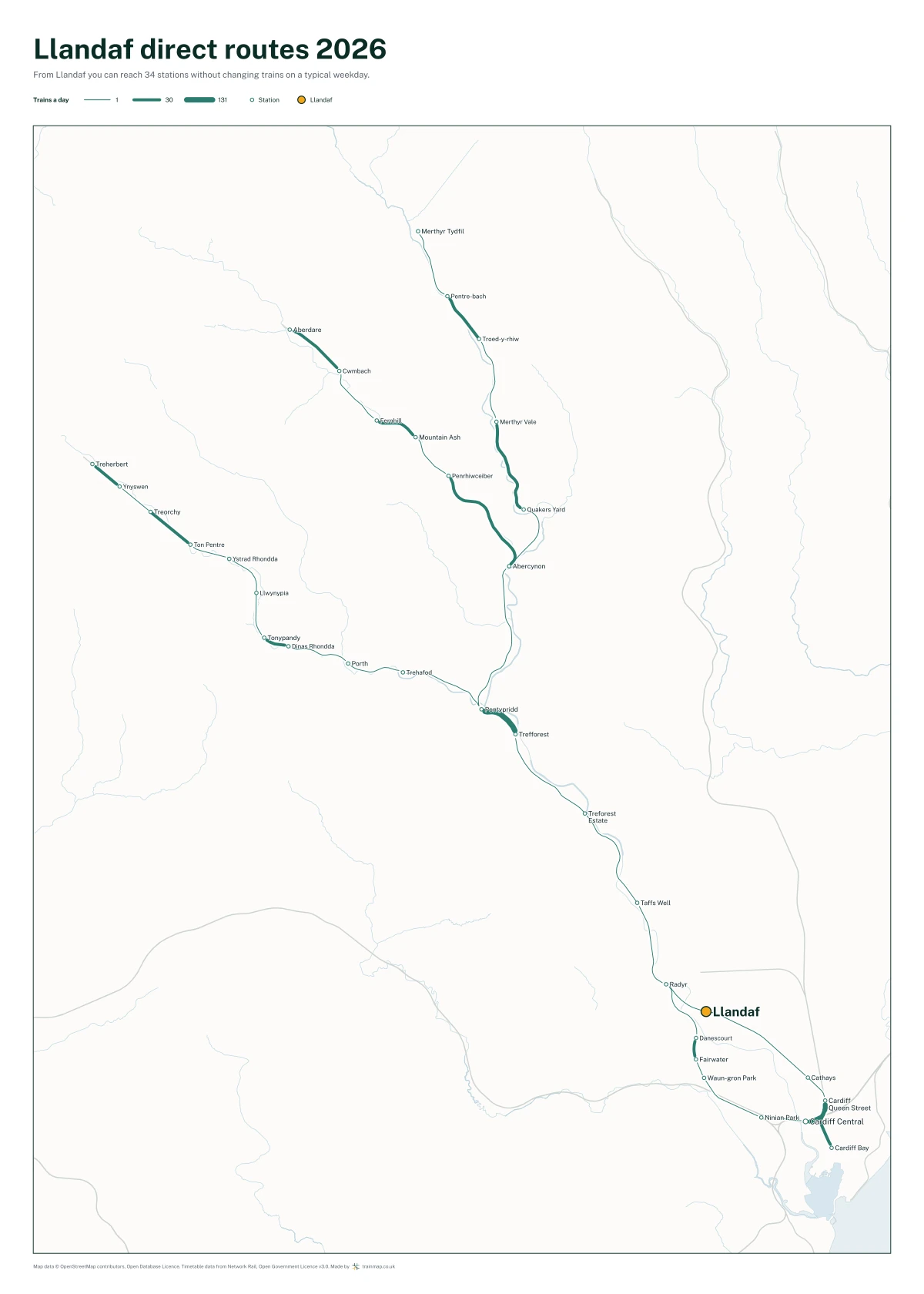 Llandaf direct routes 2026: a map of every station you can reach from Llandaf without changing trains, the lines thicker where more trains run