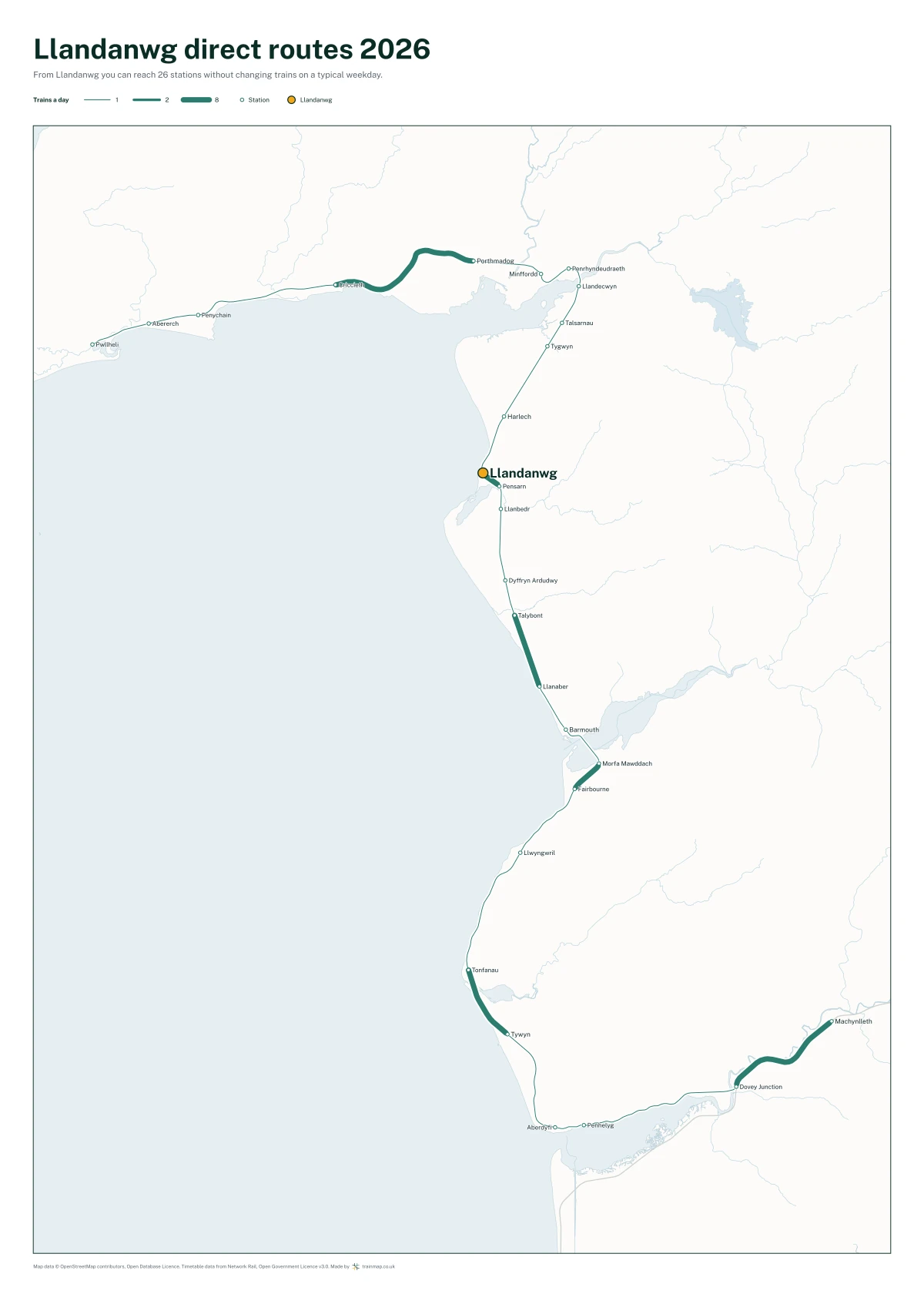Llandanwg direct routes 2026: a map of every station you can reach from Llandanwg without changing trains, the lines thicker where more trains run