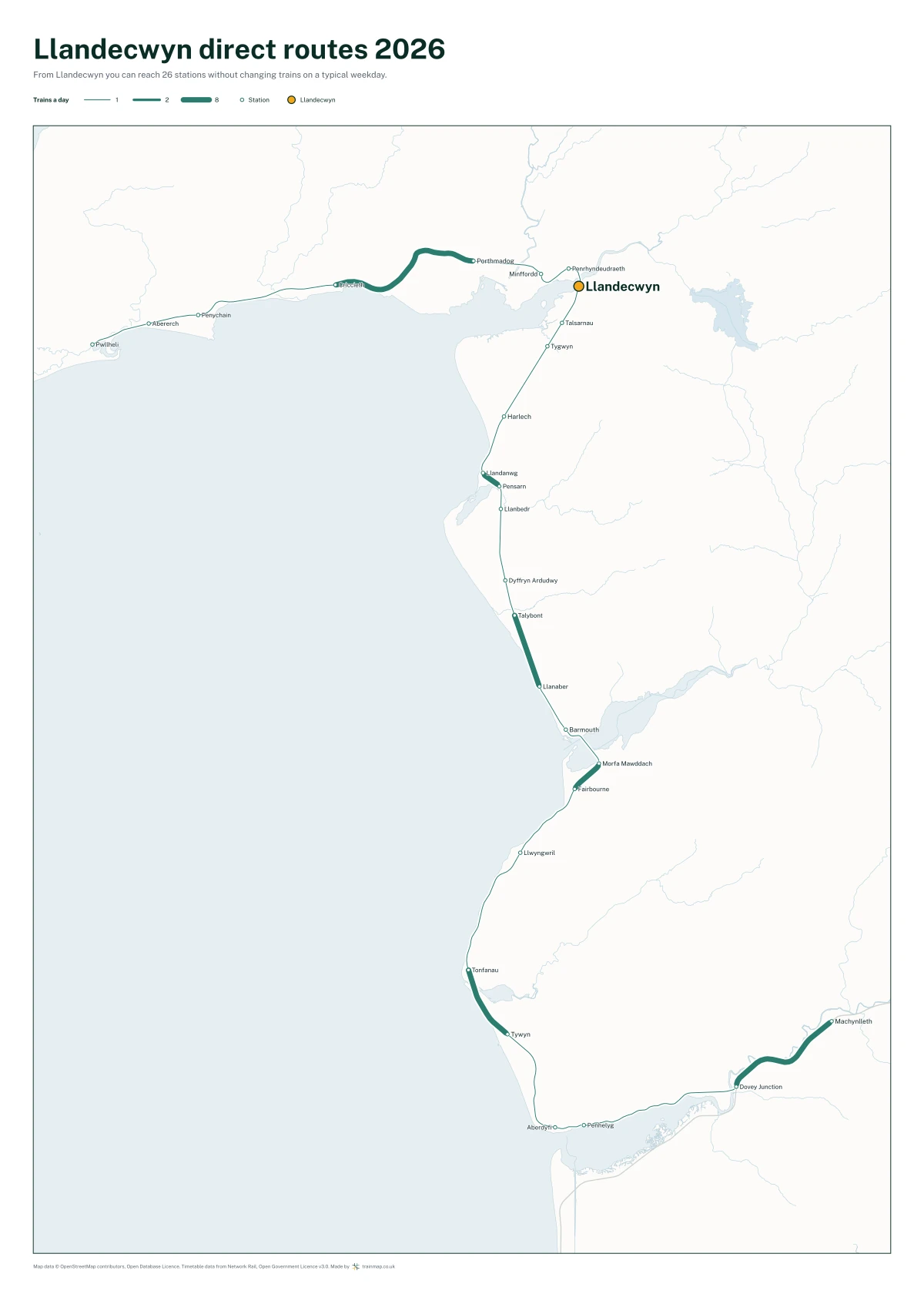Llandecwyn direct routes 2026: a map of every station you can reach from Llandecwyn without changing trains, the lines thicker where more trains run