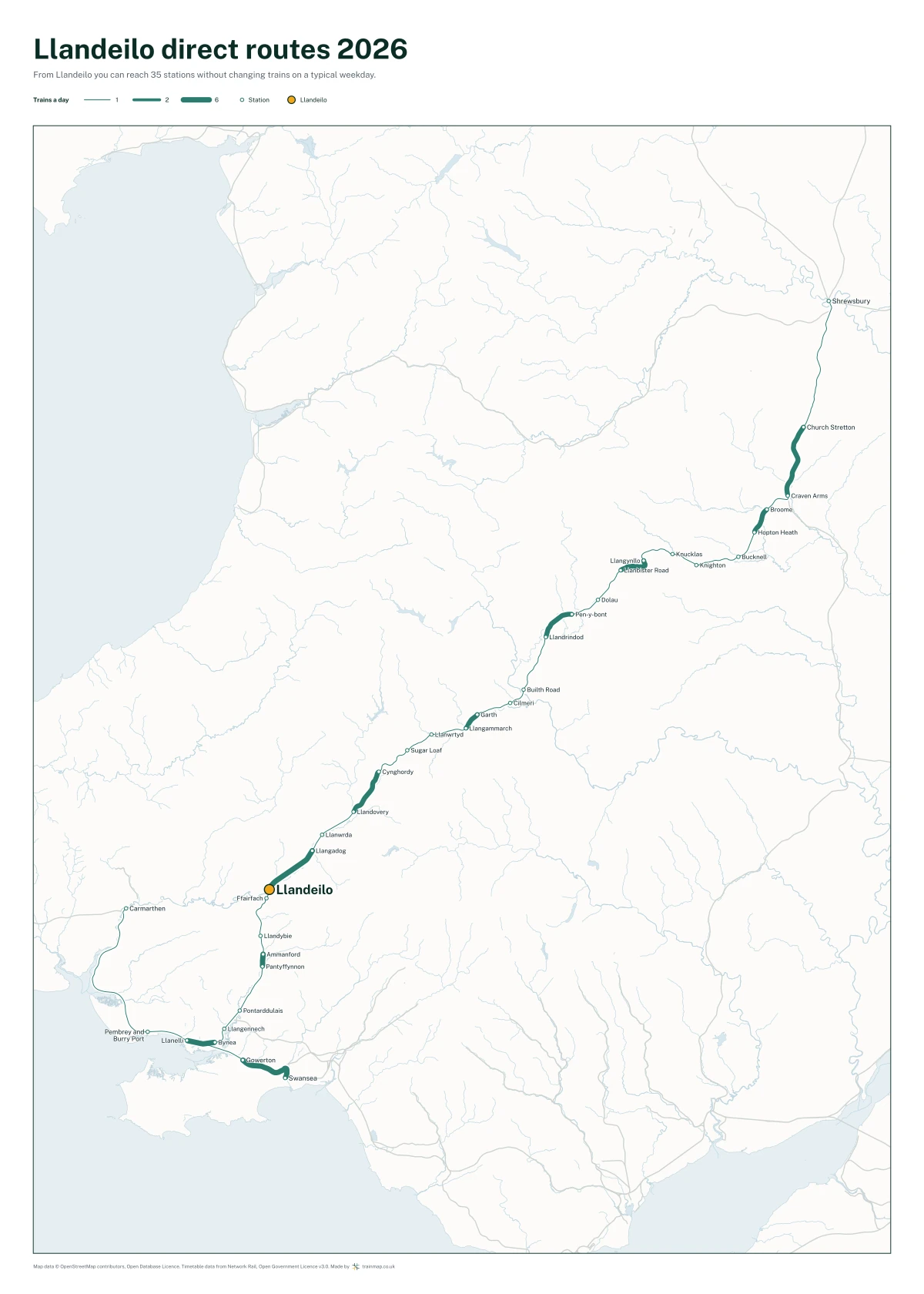 Llandeilo direct routes 2026: a map of every station you can reach from Llandeilo without changing trains, the lines thicker where more trains run