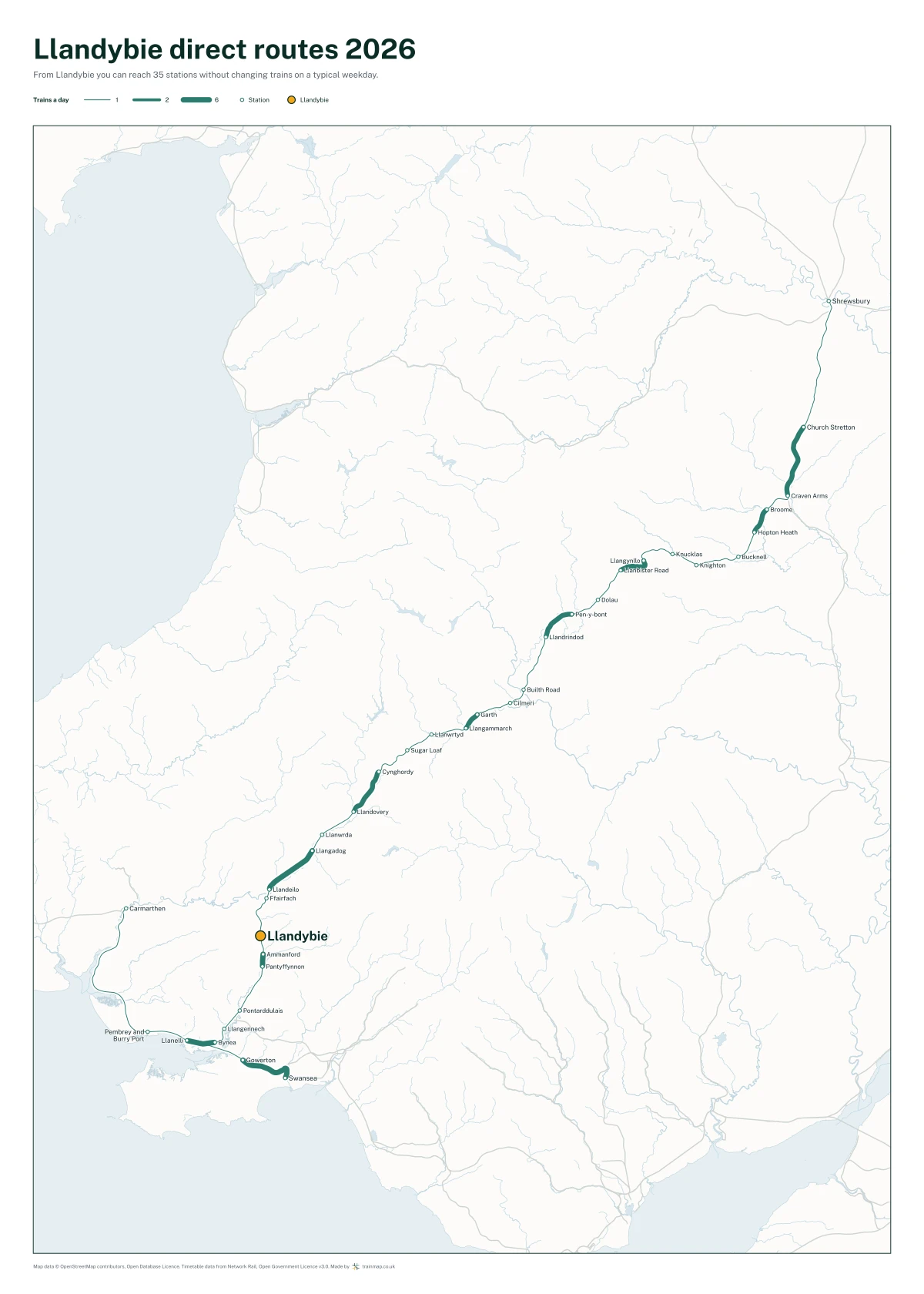 Llandybie direct routes 2026: a map of every station you can reach from Llandybie without changing trains, the lines thicker where more trains run