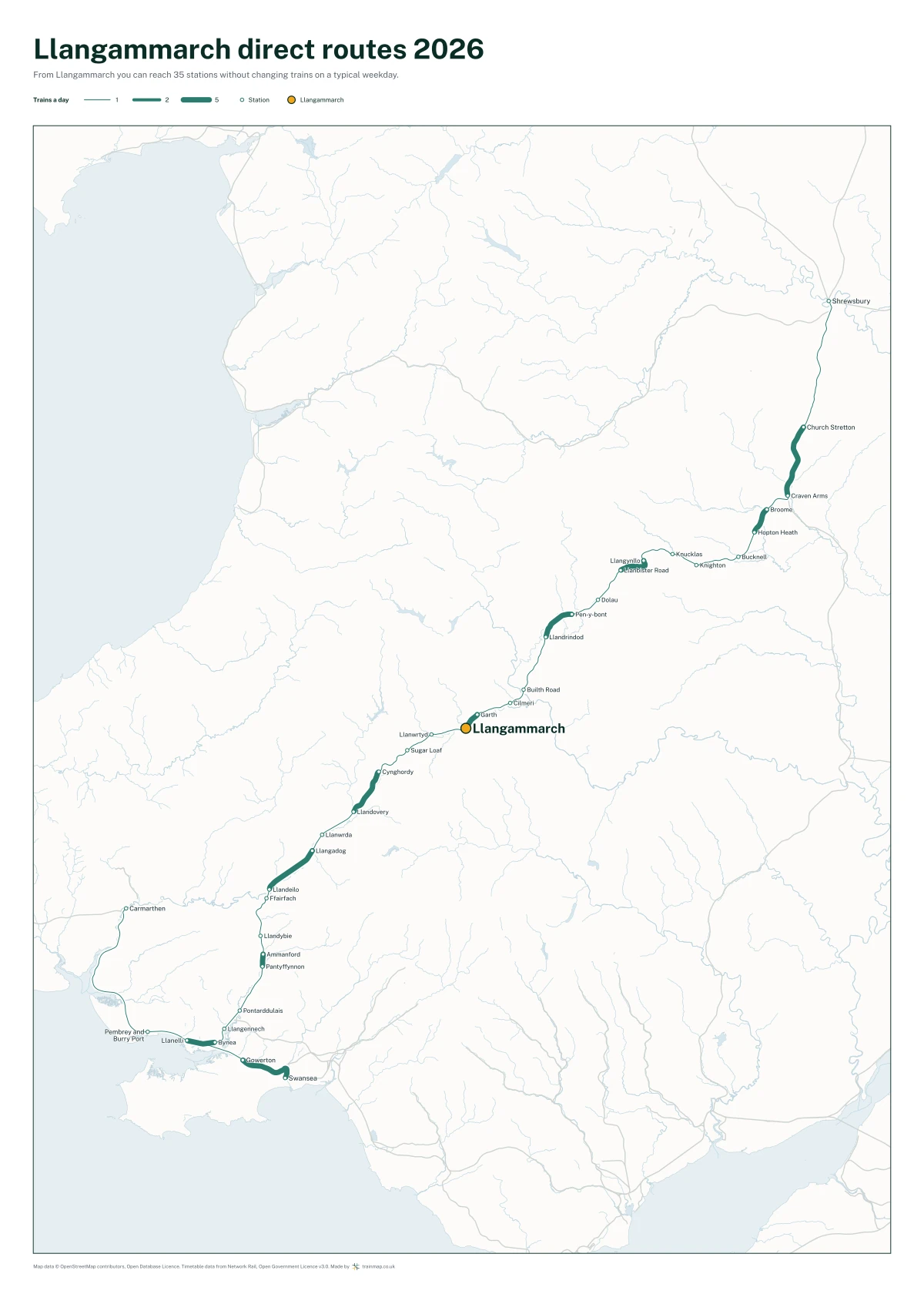 Llangammarch direct routes 2026: a map of every station you can reach from Llangammarch without changing trains, the lines thicker where more trains run