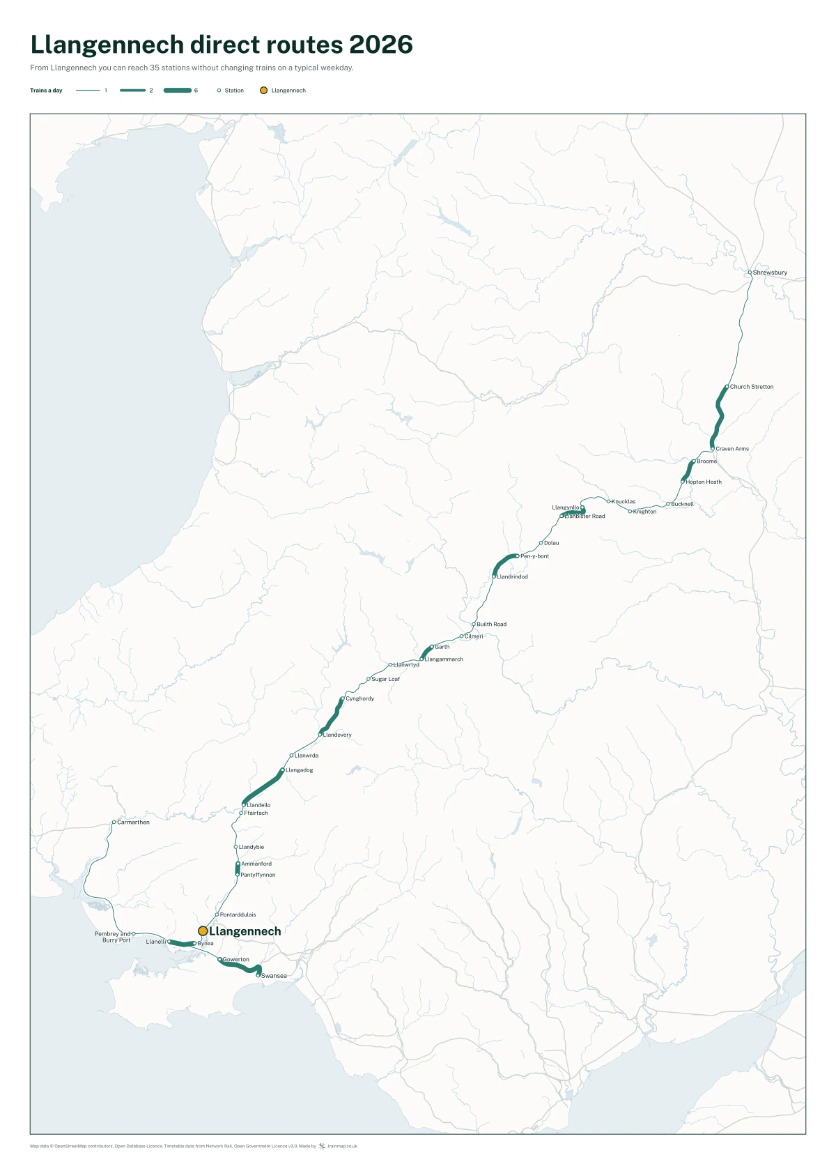 Llangennech direct routes 2026: a map of every station you can reach from Llangennech without changing trains, the lines thicker where more trains run