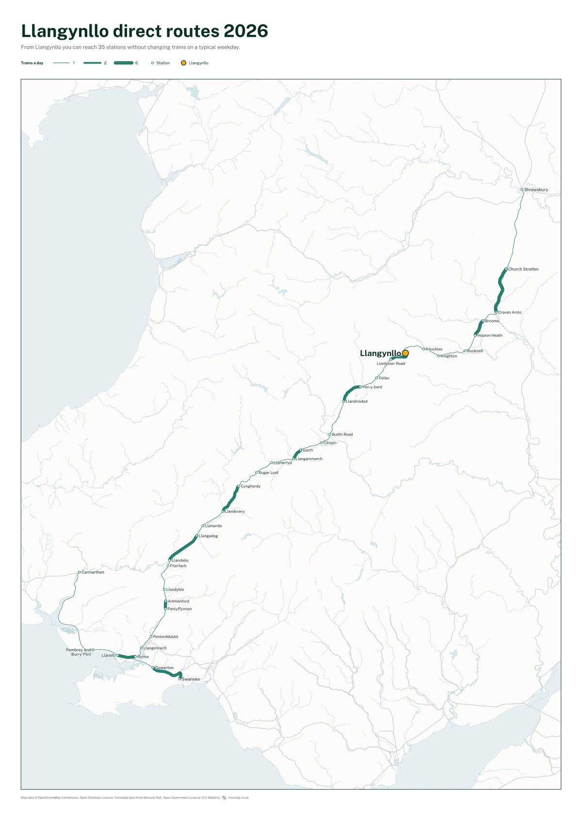 Llangynllo direct routes 2026: a map of every station you can reach from Llangynllo without changing trains, the lines thicker where more trains run
