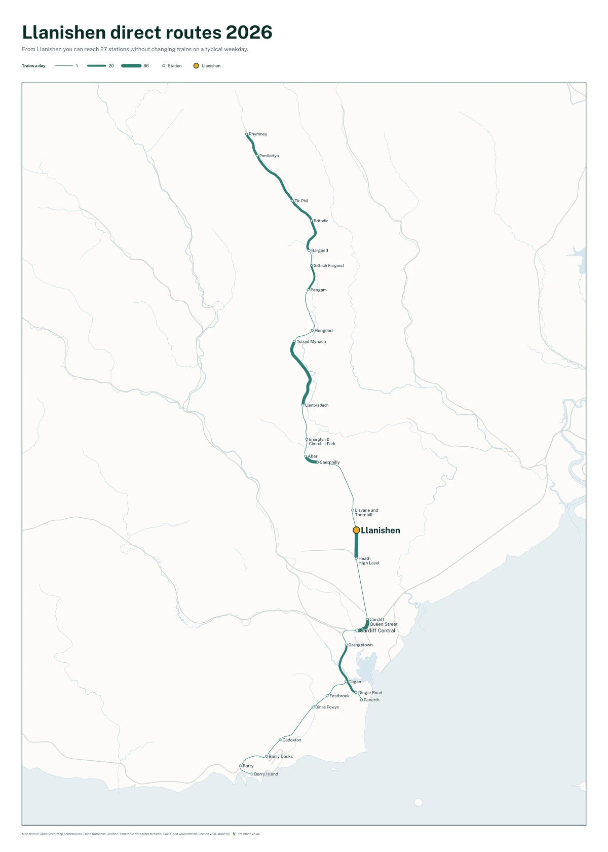 Llanishen direct routes 2026: a map of every station you can reach from Llanishen without changing trains, the lines thicker where more trains run