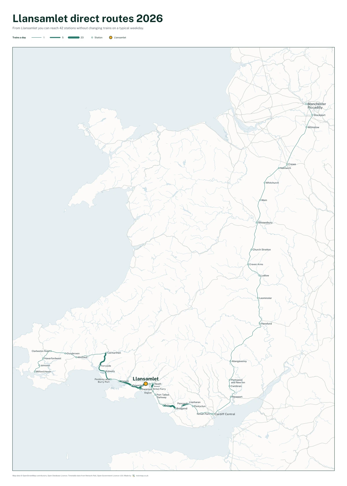 Llansamlet direct routes 2026: a map of every station you can reach from Llansamlet without changing trains, the lines thicker where more trains run