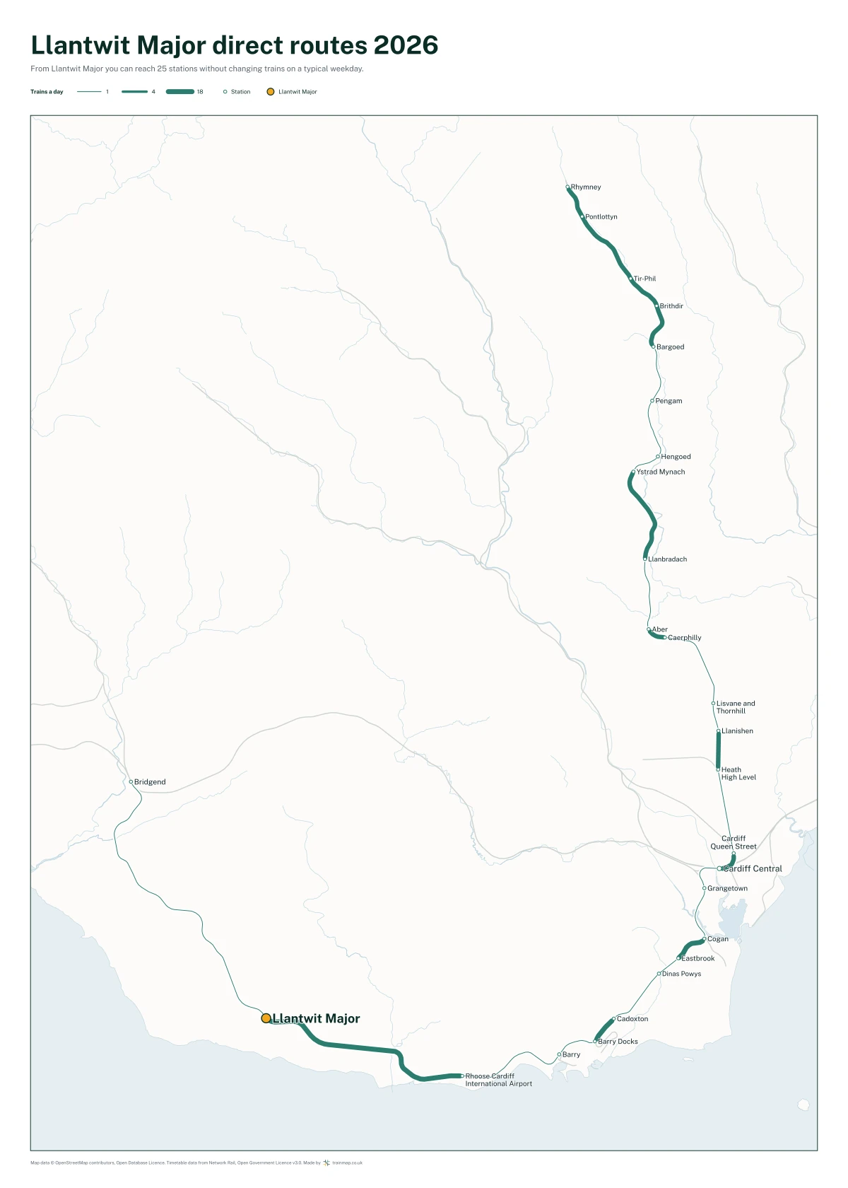 Llantwit Major direct routes 2026: a map of every station you can reach from Llantwit Major without changing trains, the lines thicker where more trains run