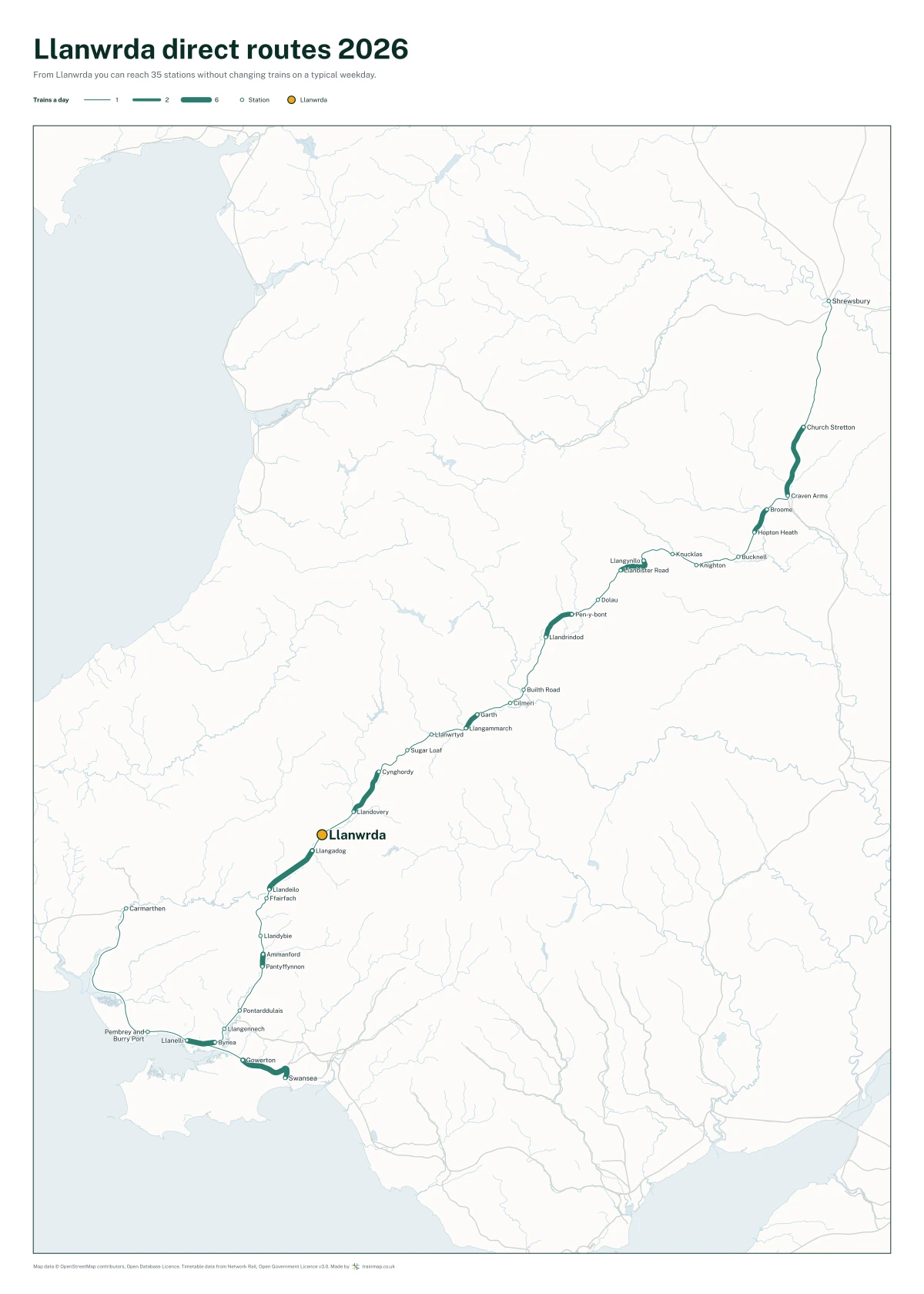 Llanwrda direct routes 2026: a map of every station you can reach from Llanwrda without changing trains, the lines thicker where more trains run