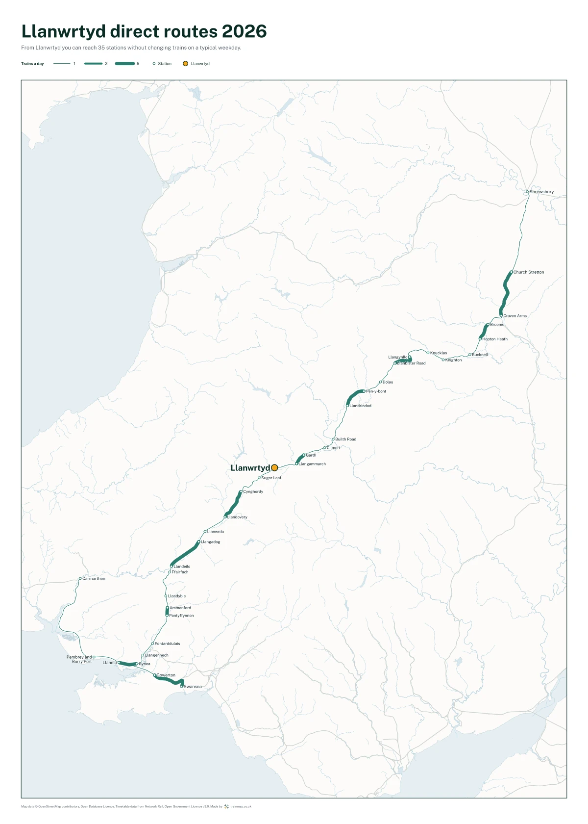 Llanwrtyd direct routes 2026: a map of every station you can reach from Llanwrtyd without changing trains, the lines thicker where more trains run