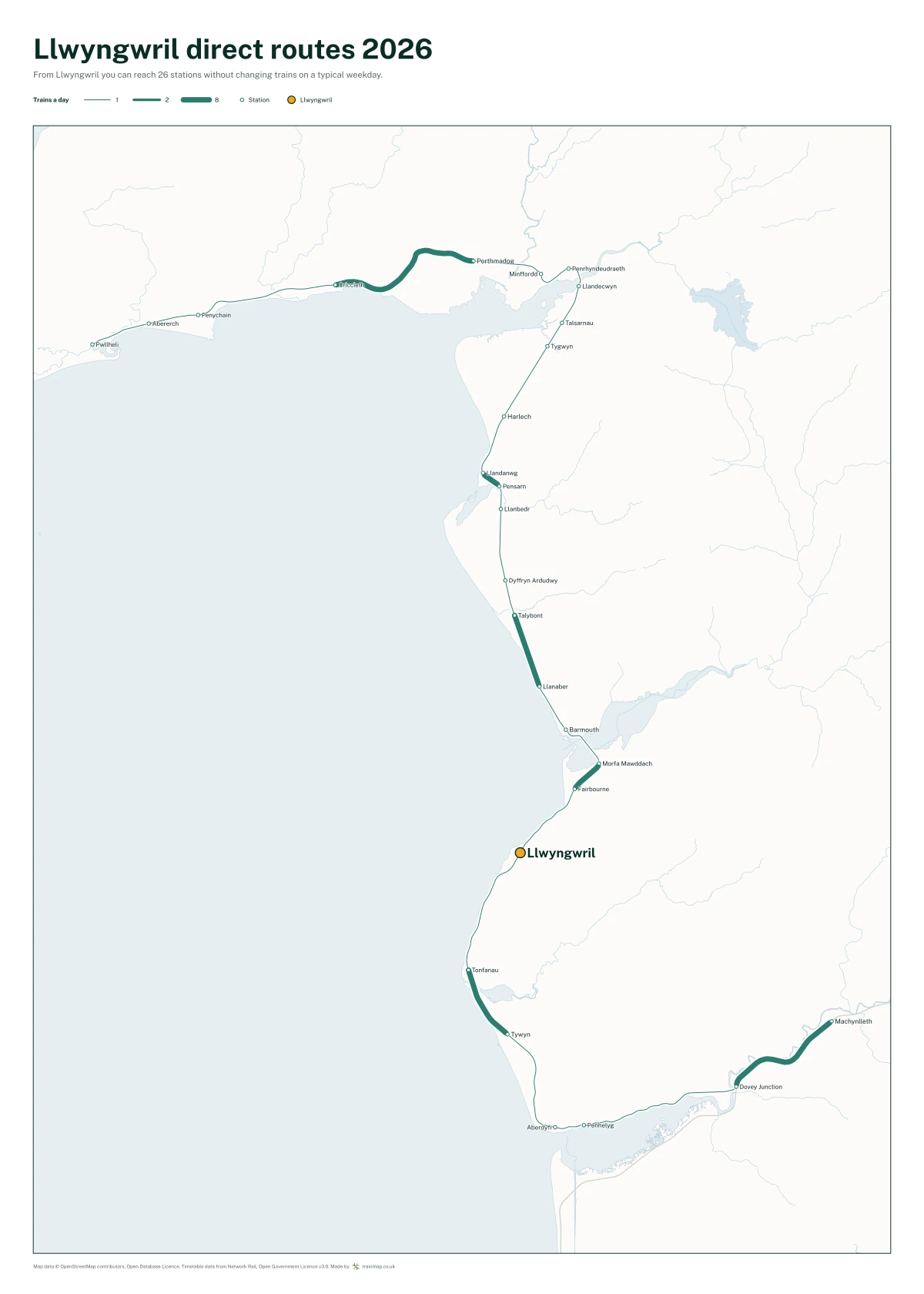 Llwyngwril direct routes 2026: a map of every station you can reach from Llwyngwril without changing trains, the lines thicker where more trains run