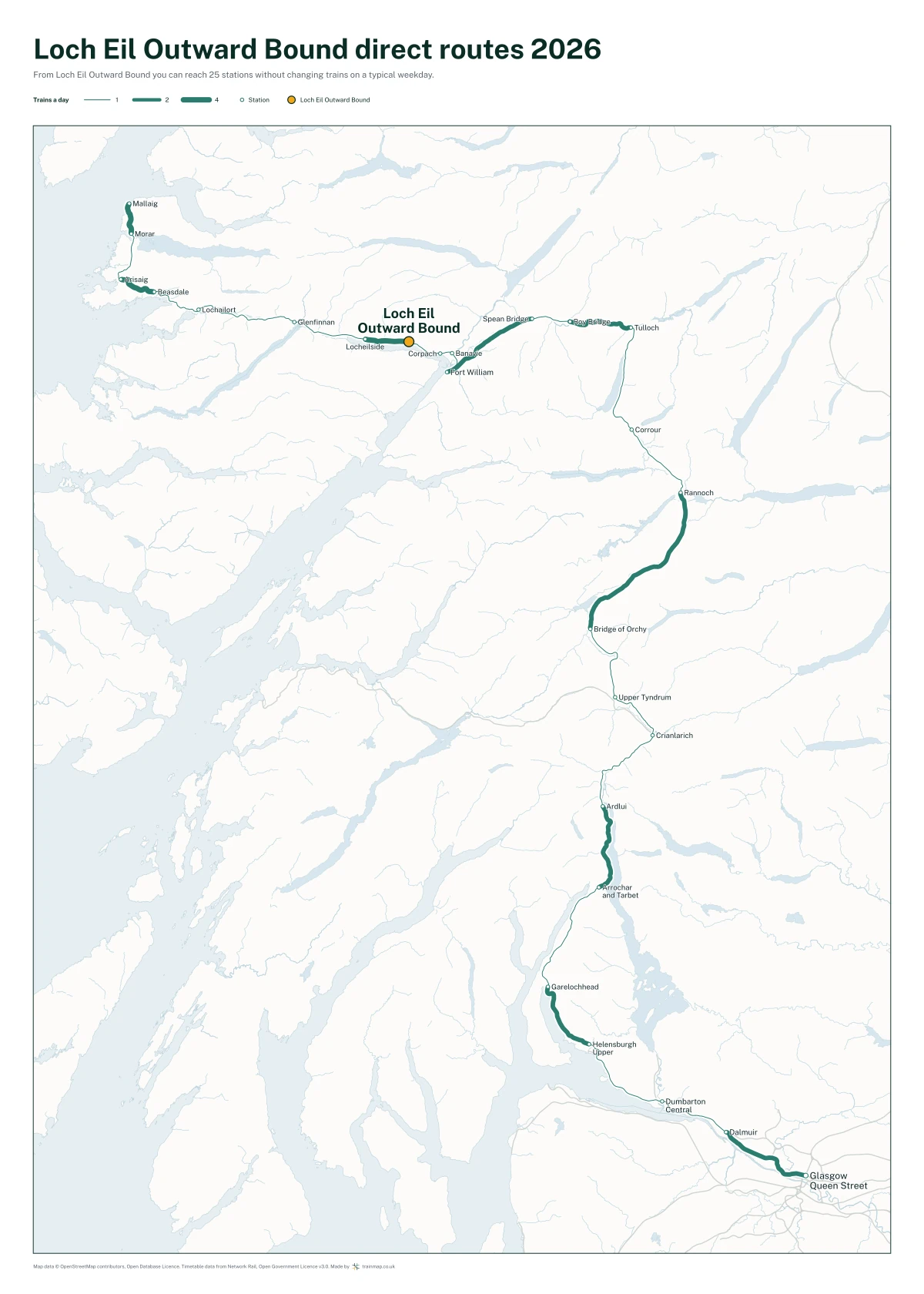 Loch Eil Outward Bound direct routes 2026: a map of every station you can reach from Loch Eil Outward Bound without changing trains, the lines thicker where more trains run