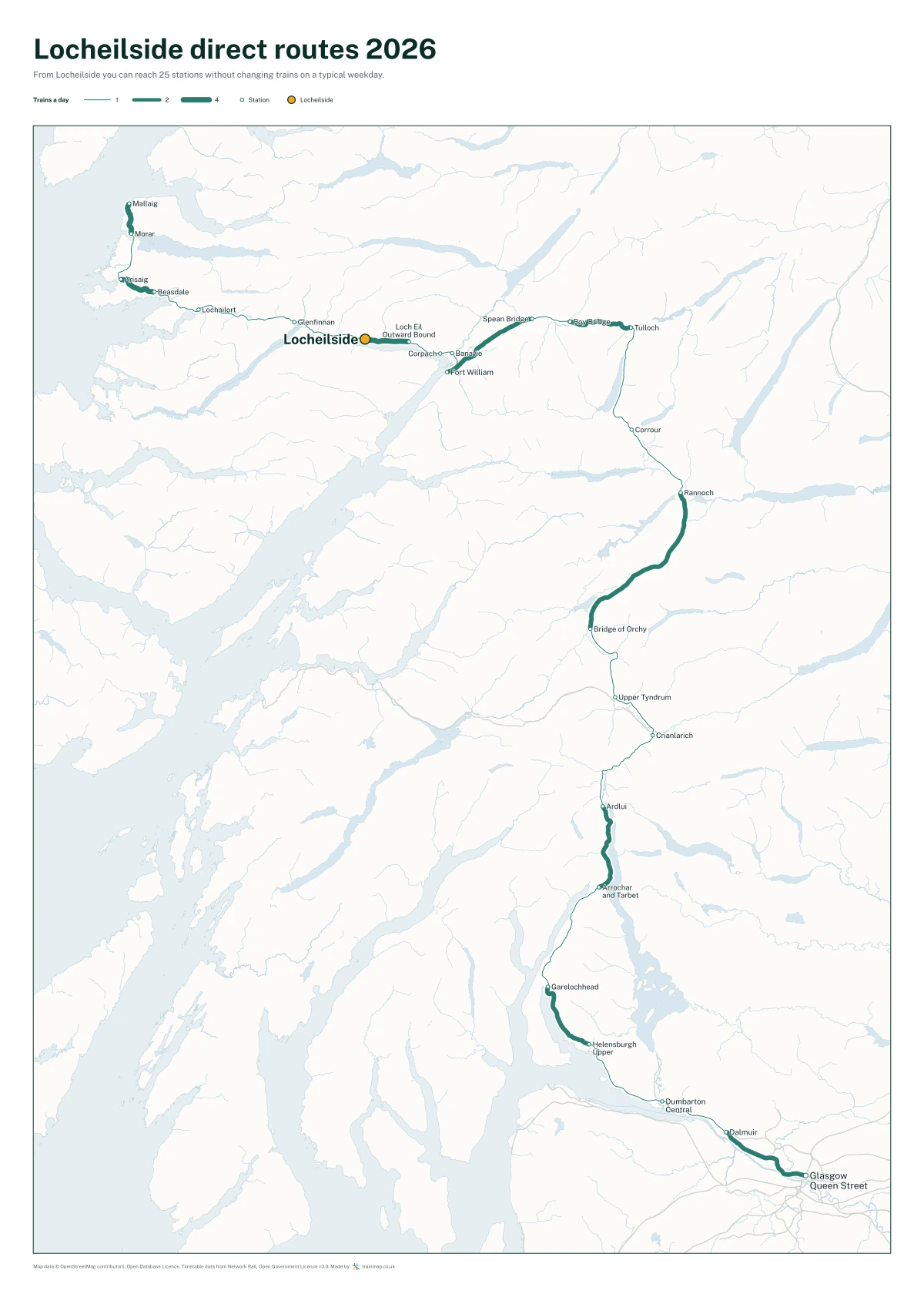 Locheilside direct routes 2026: a map of every station you can reach from Locheilside without changing trains, the lines thicker where more trains run