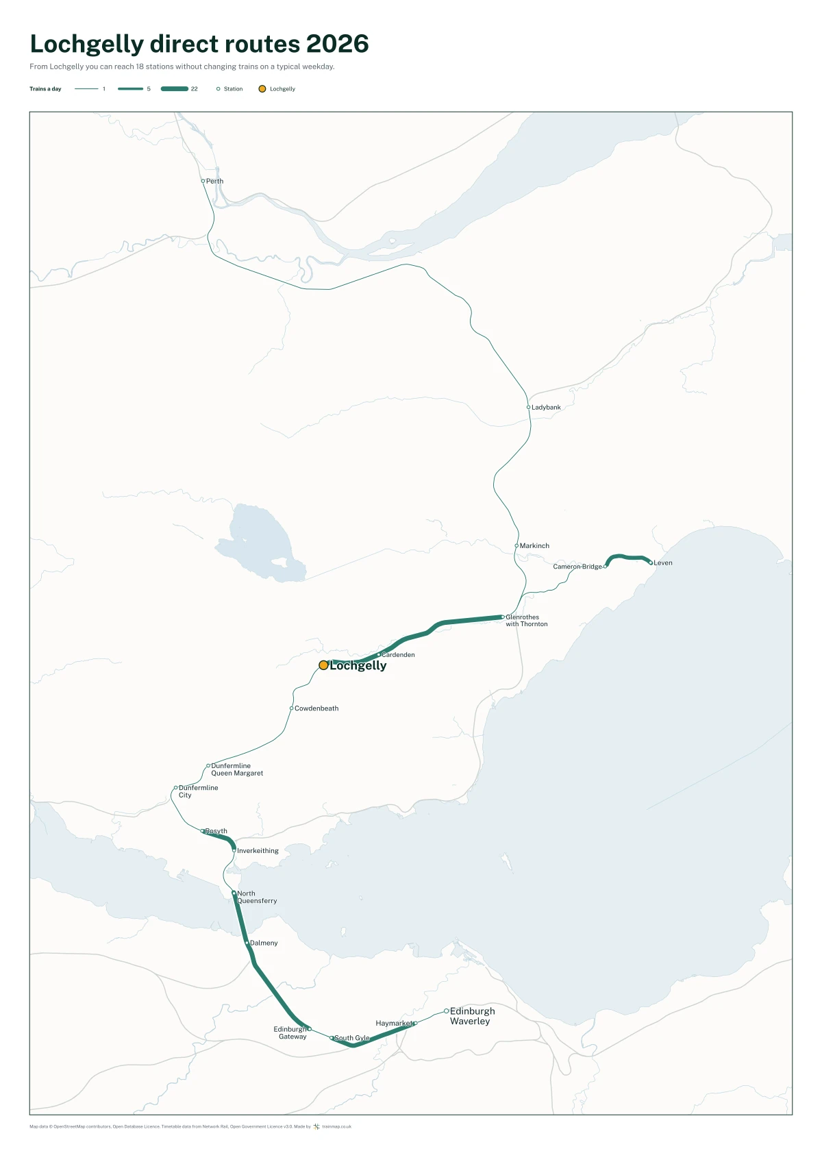 Lochgelly direct routes 2026: a map of every station you can reach from Lochgelly without changing trains, the lines thicker where more trains run