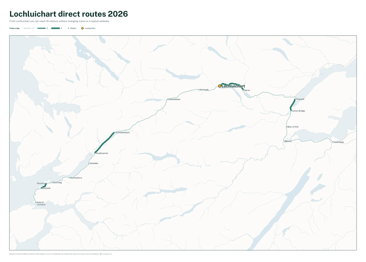 Lochluichart direct routes 2026: a map of every station you can reach from Lochluichart without changing trains, the lines thicker where more trains run