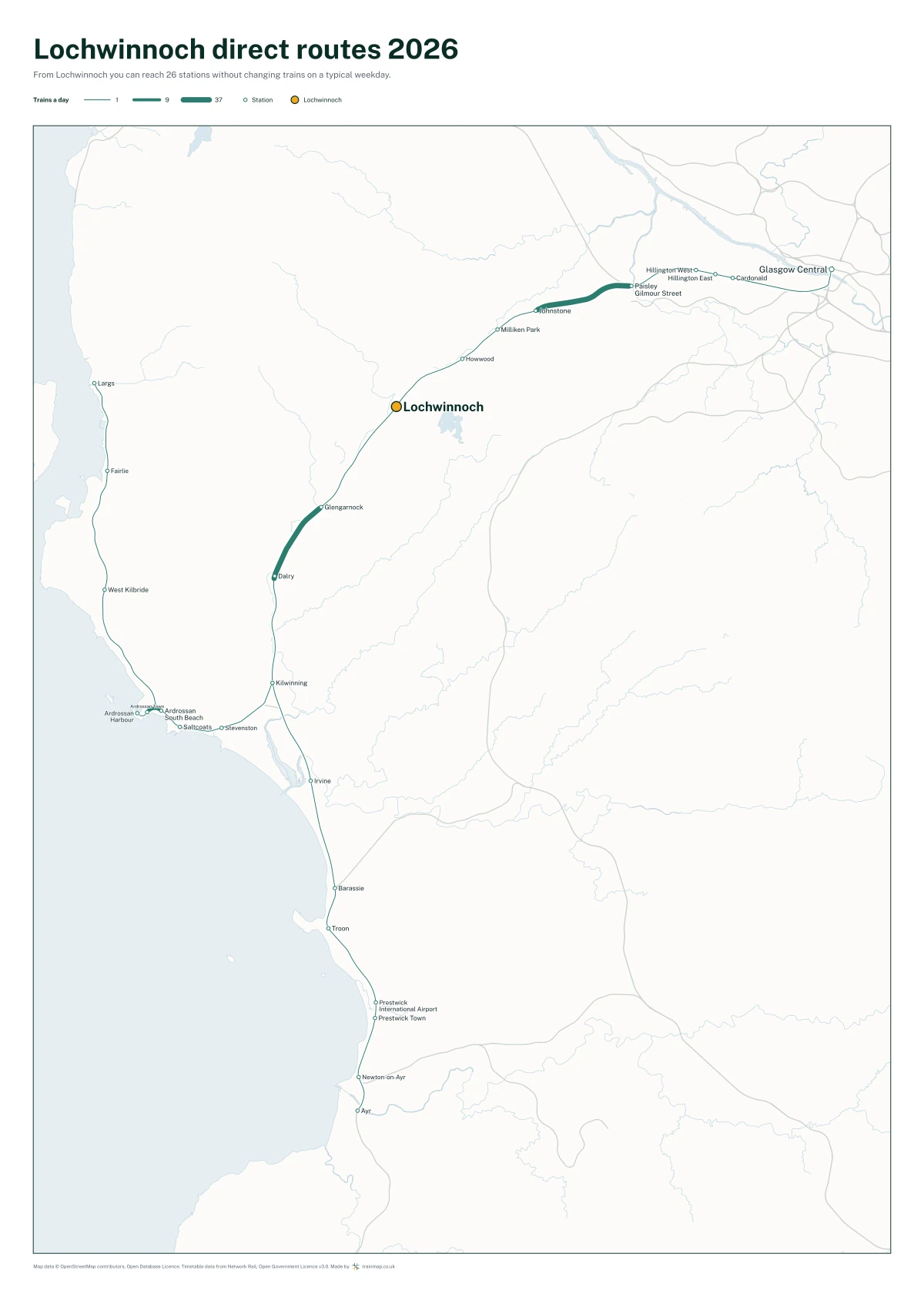 Lochwinnoch direct routes 2026: a map of every station you can reach from Lochwinnoch without changing trains, the lines thicker where more trains run