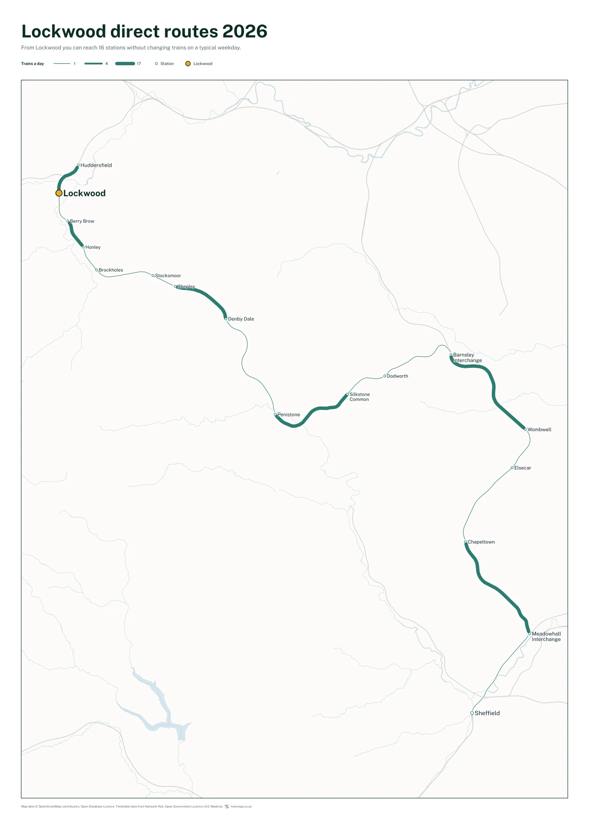 Lockwood direct routes 2026: a map of every station you can reach from Lockwood without changing trains, the lines thicker where more trains run