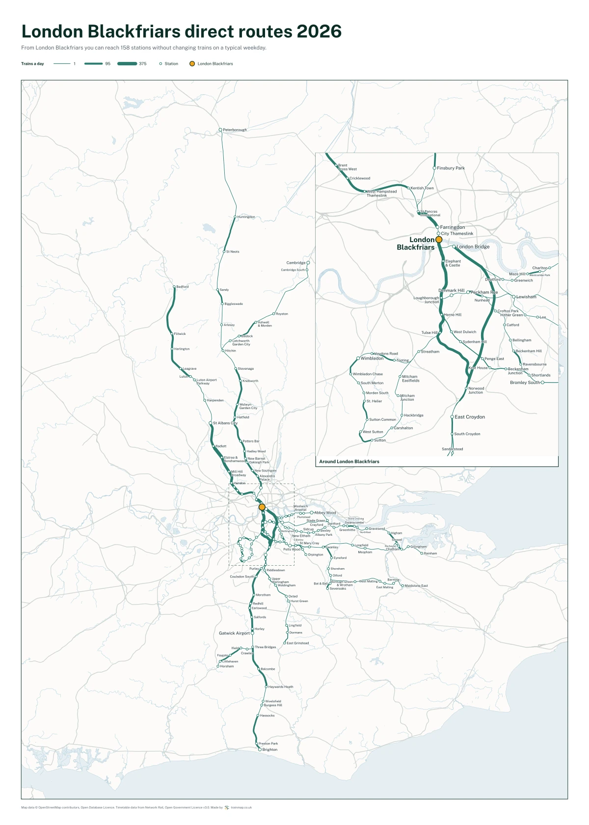 London Blackfriars direct routes 2026: a map of every station you can reach from London Blackfriars without changing trains, the lines thicker where more trains run