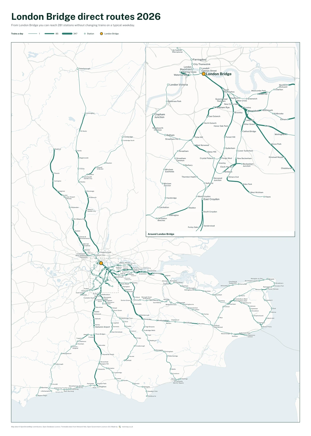 London Bridge direct routes 2026: a map of every station you can reach from London Bridge without changing trains, the lines thicker where more trains run