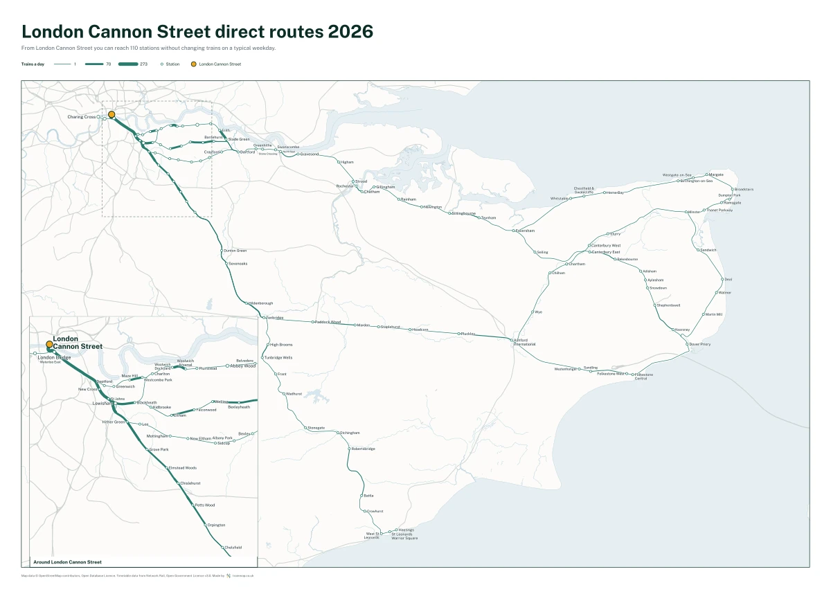 London Cannon Street direct routes 2026: a map of every station you can reach from London Cannon Street without changing trains, the lines thicker where more trains run
