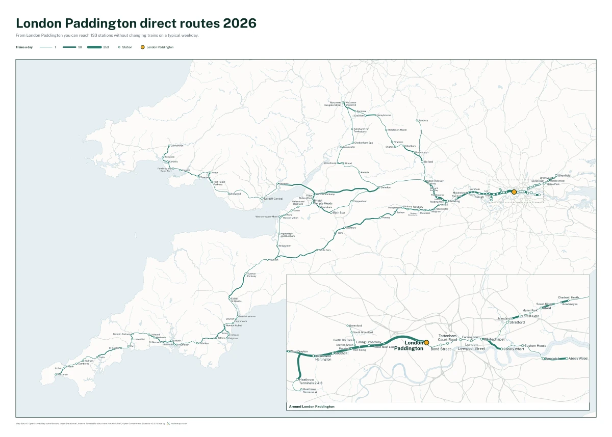 London Paddington direct routes 2026: a map of every station you can reach from London Paddington without changing trains, the lines thicker where more trains run