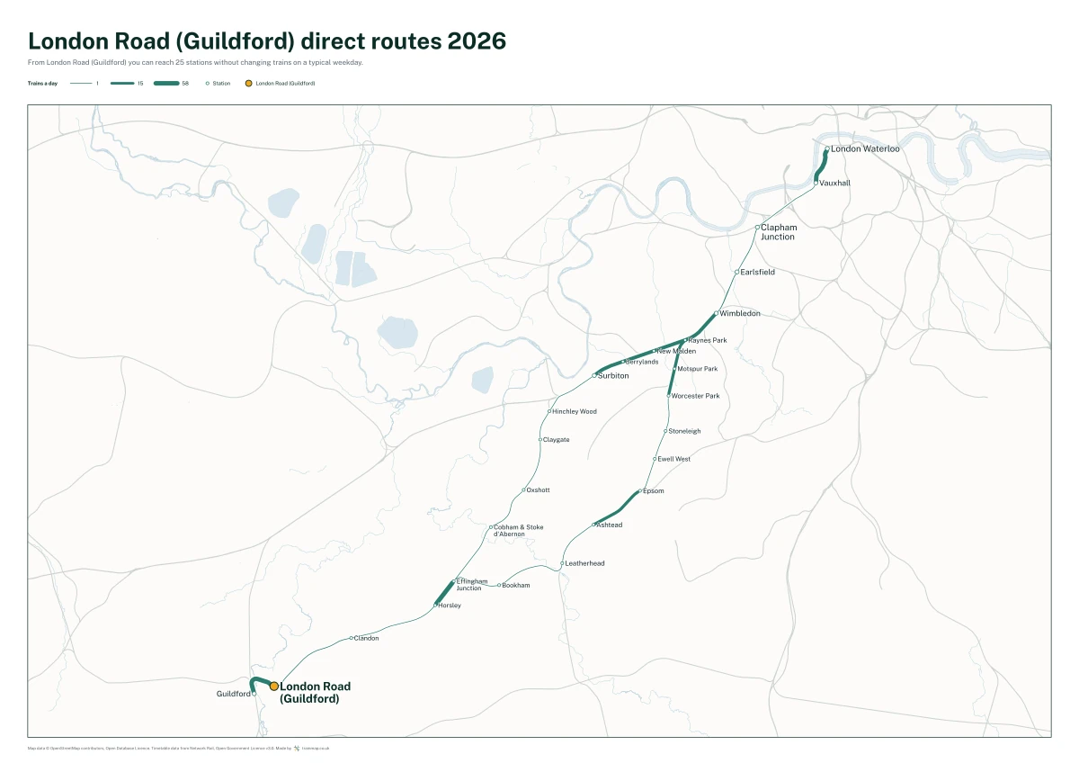 London Road (Guildford) direct routes 2026: a map of every station you can reach from London Road (Guildford) without changing trains, the lines thicker where more trains run