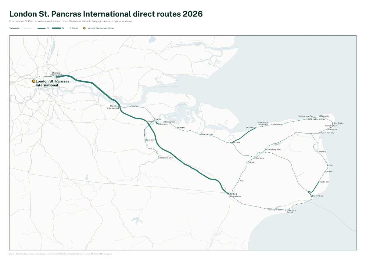 London St. Pancras International direct routes 2026: a map of every station you can reach from London St. Pancras International without changing trains, the lines thicker where more trains run