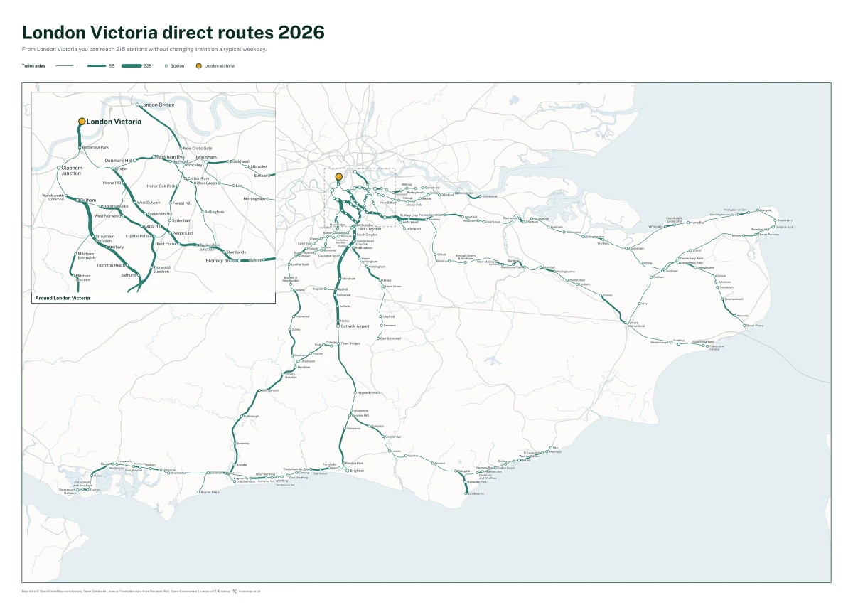 London Victoria direct routes 2026: a map of every station you can reach from London Victoria without changing trains, the lines thicker where more trains run