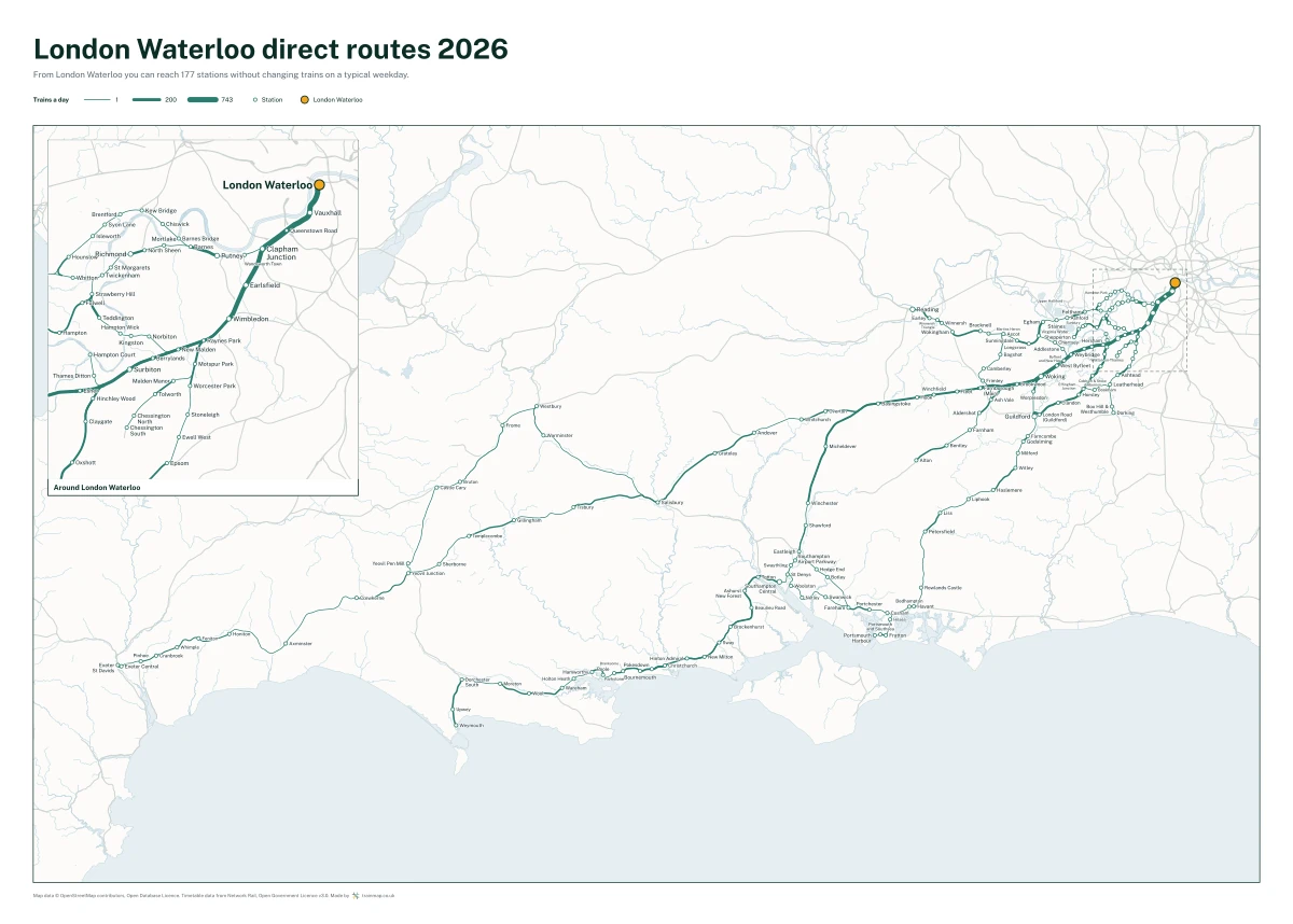 London Waterloo direct routes 2026: a map of every station you can reach from London Waterloo without changing trains, the lines thicker where more trains run