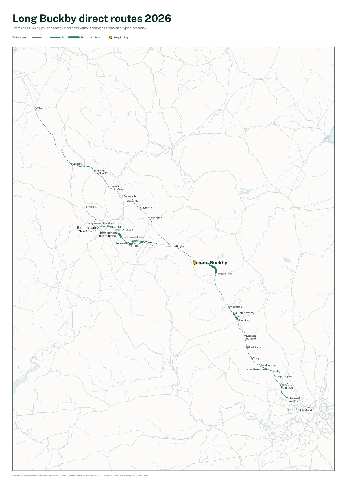 Long Buckby direct routes 2026: a map of every station you can reach from Long Buckby without changing trains, the lines thicker where more trains run