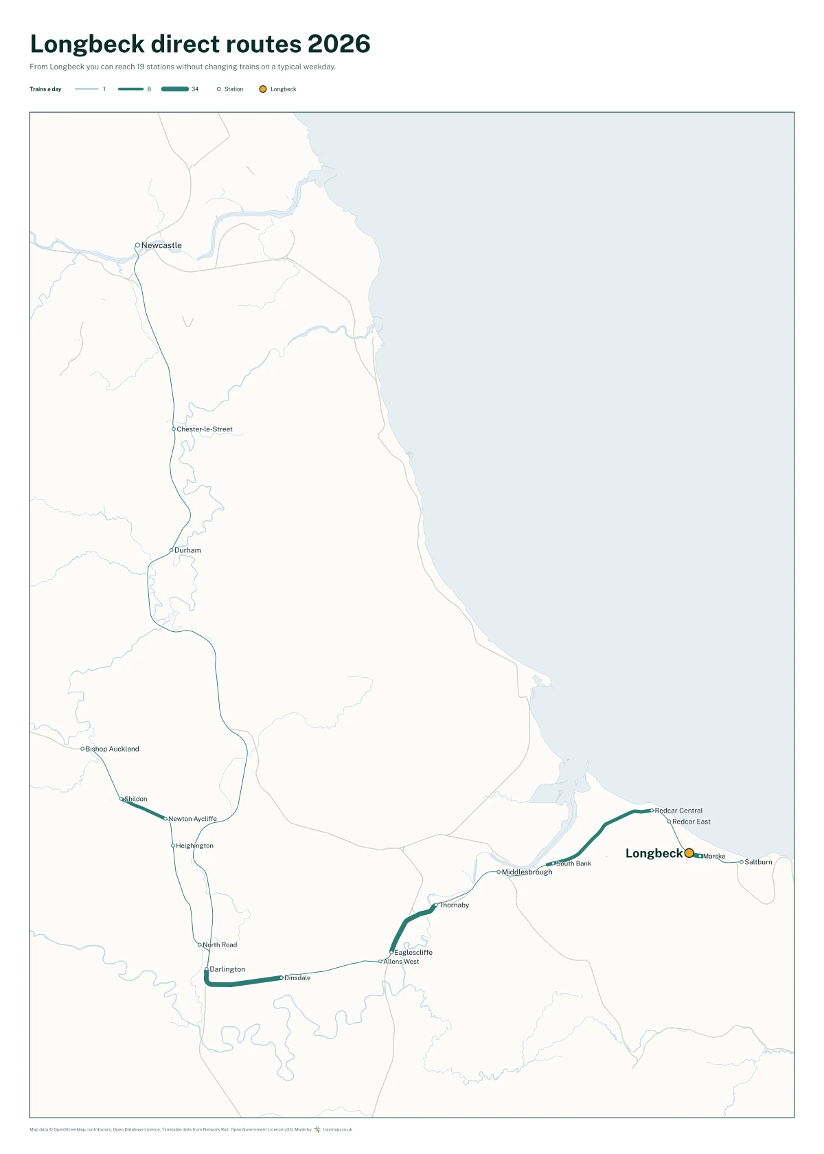 Longbeck direct routes 2026: a map of every station you can reach from Longbeck without changing trains, the lines thicker where more trains run