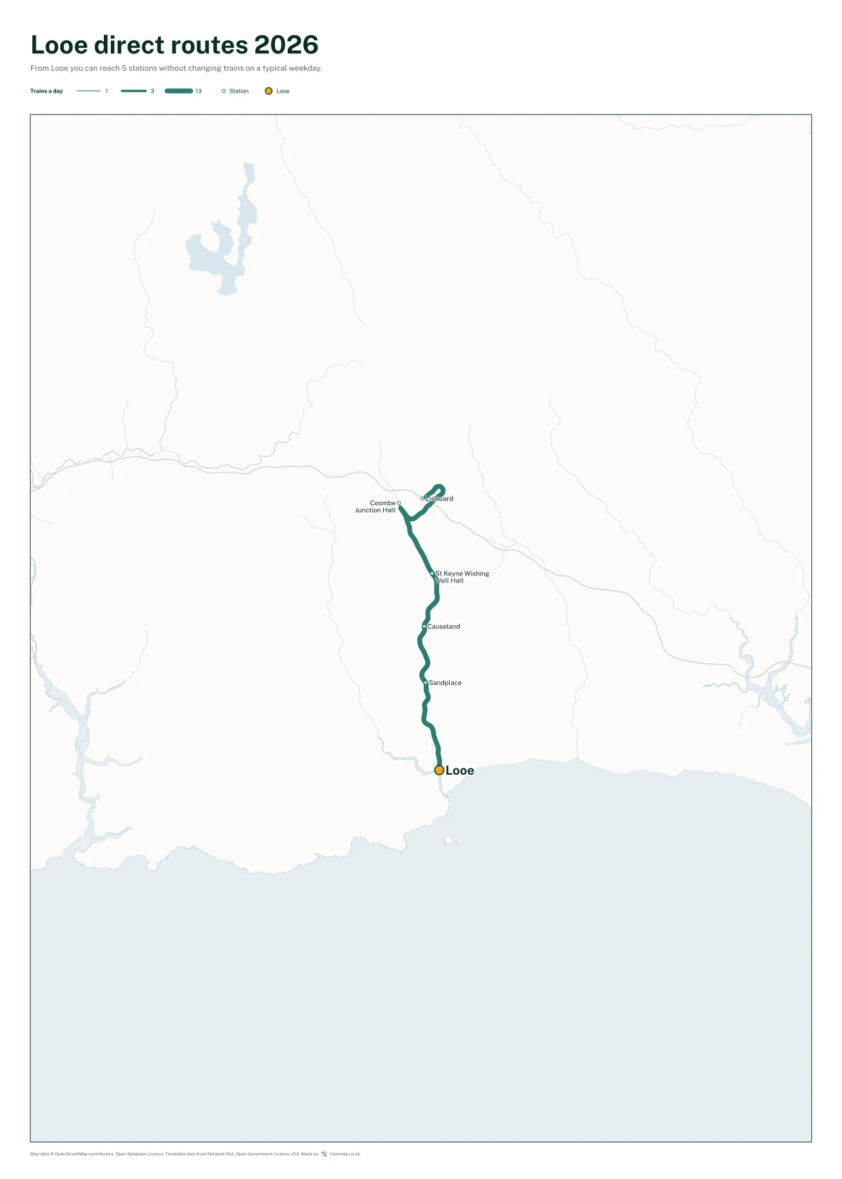 Looe direct routes 2026: a map of every station you can reach from Looe without changing trains, the lines thicker where more trains run
