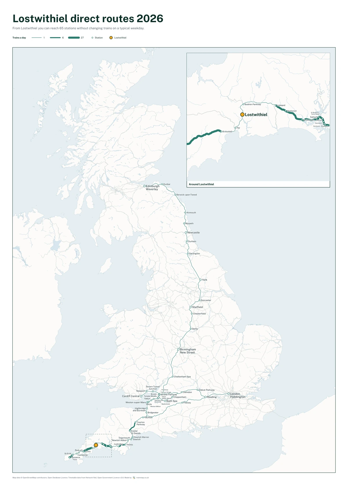 Lostwithiel direct routes 2026: a map of every station you can reach from Lostwithiel without changing trains, the lines thicker where more trains run