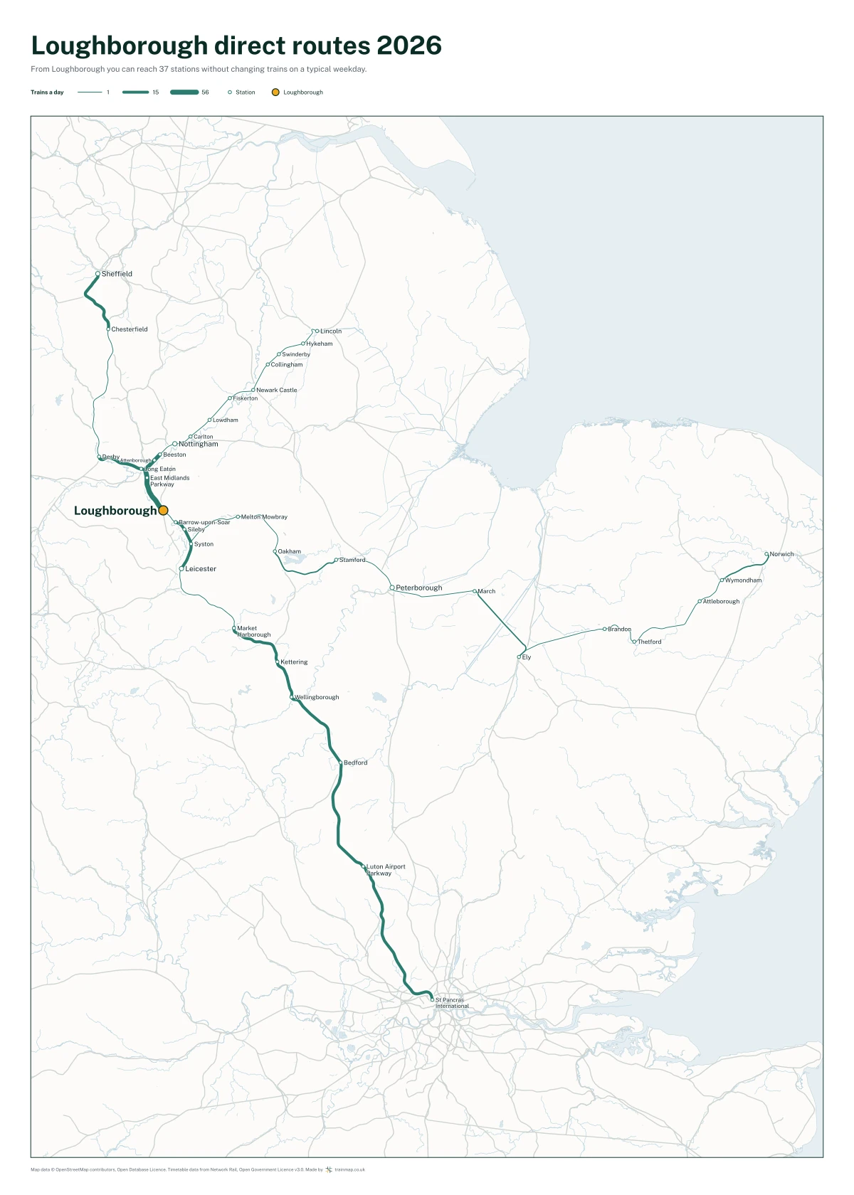 Loughborough direct routes 2026: a map of every station you can reach from Loughborough without changing trains, the lines thicker where more trains run