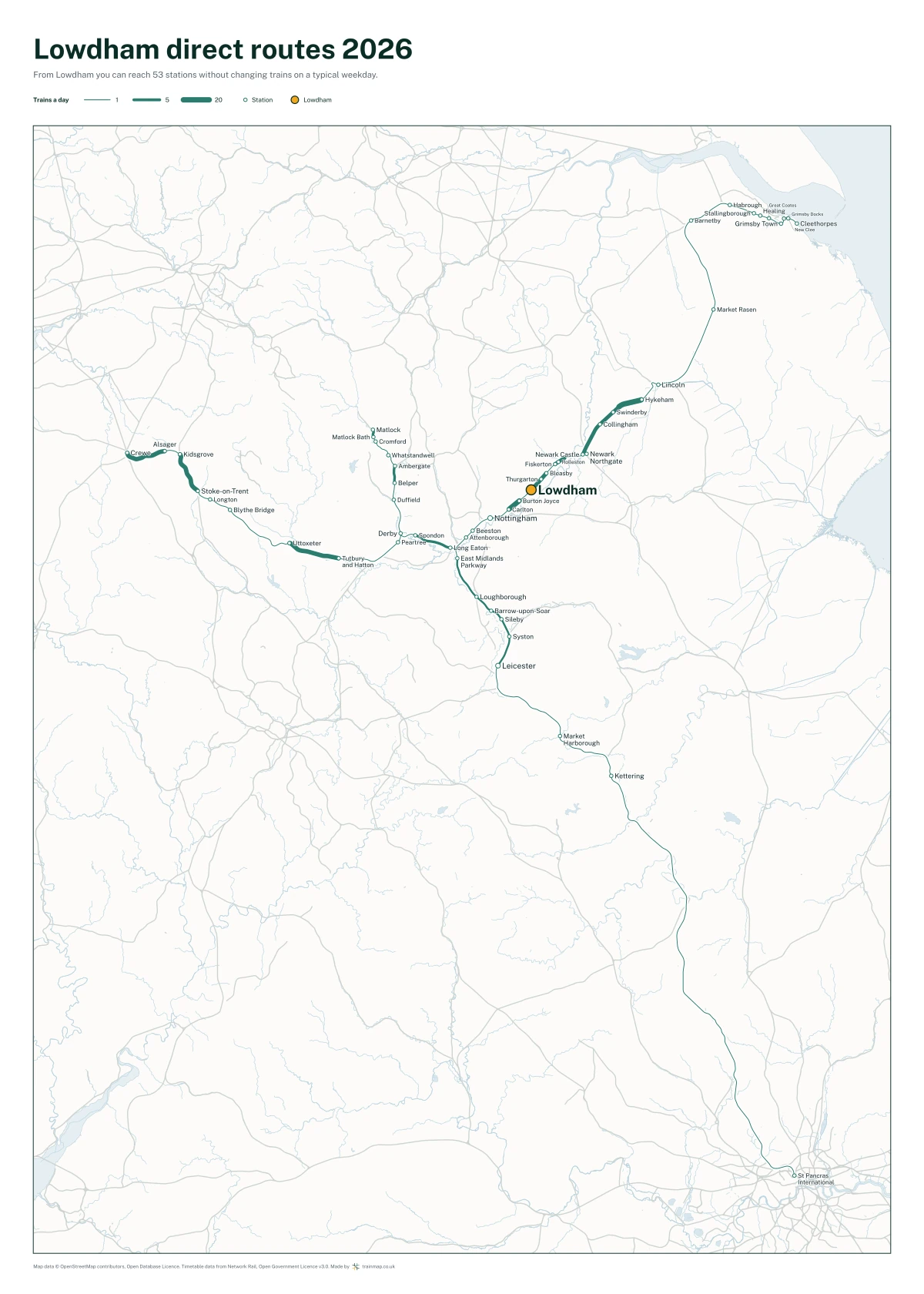 Lowdham direct routes 2026: a map of every station you can reach from Lowdham without changing trains, the lines thicker where more trains run