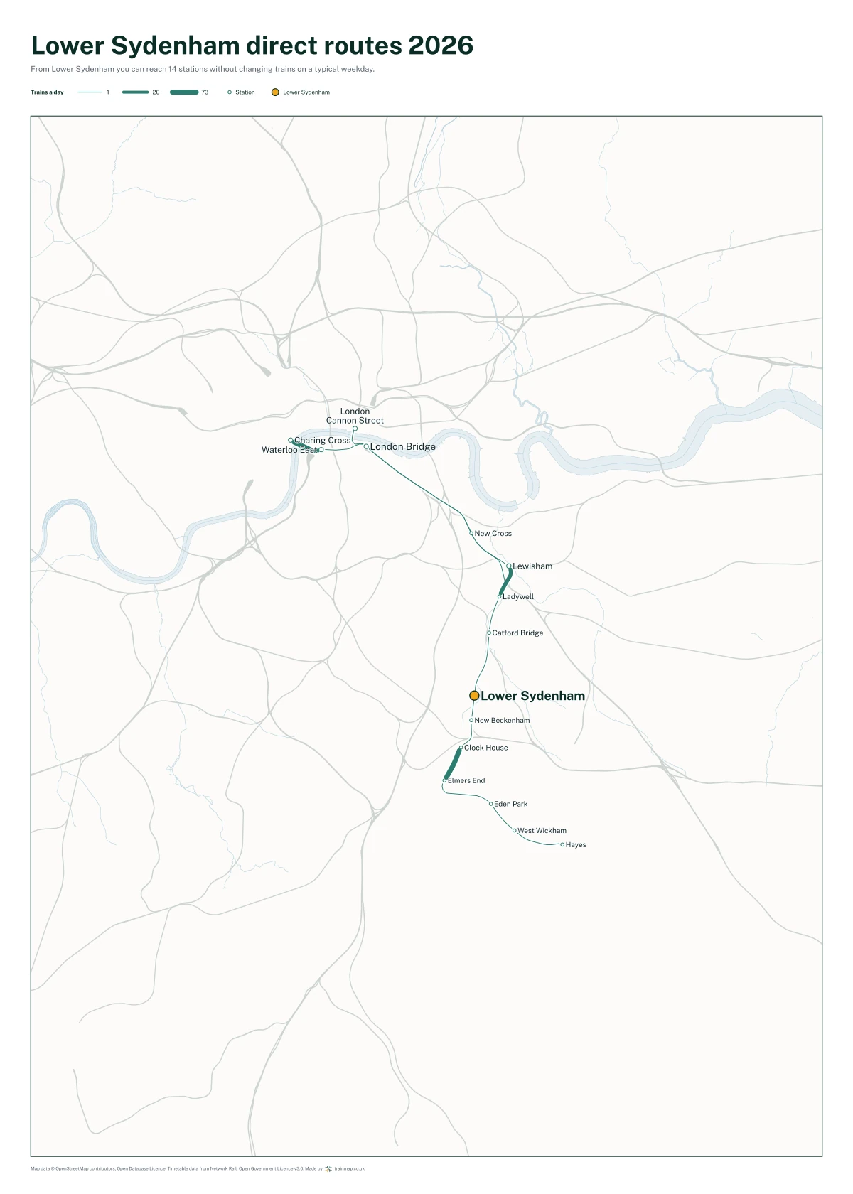 Lower Sydenham direct routes 2026: a map of every station you can reach from Lower Sydenham without changing trains, the lines thicker where more trains run