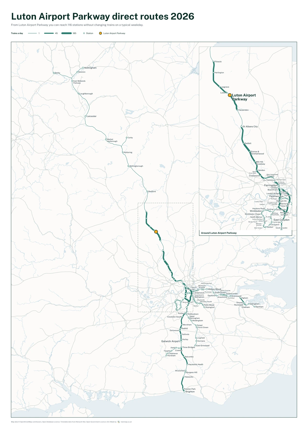 Luton Airport Parkway direct routes 2026: a map of every station you can reach from Luton Airport Parkway without changing trains, the lines thicker where more trains run