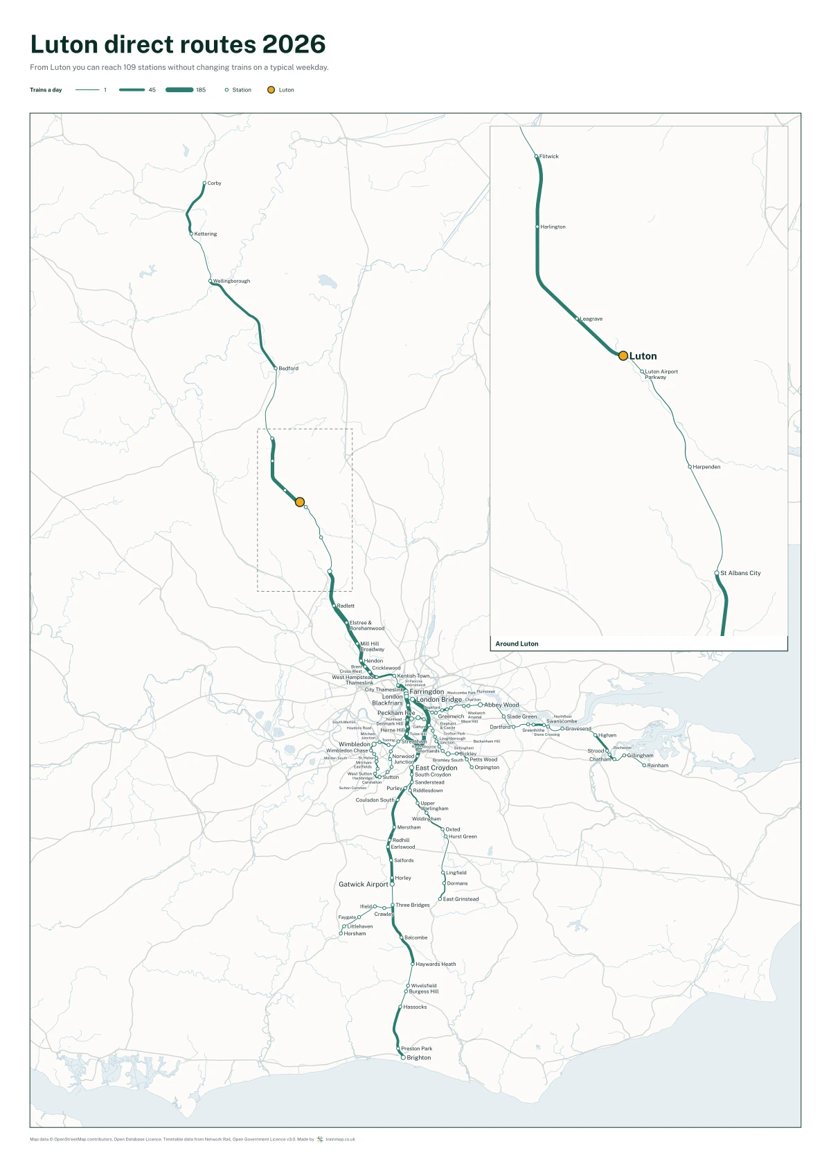 Luton direct routes 2026: a map of every station you can reach from Luton without changing trains, the lines thicker where more trains run