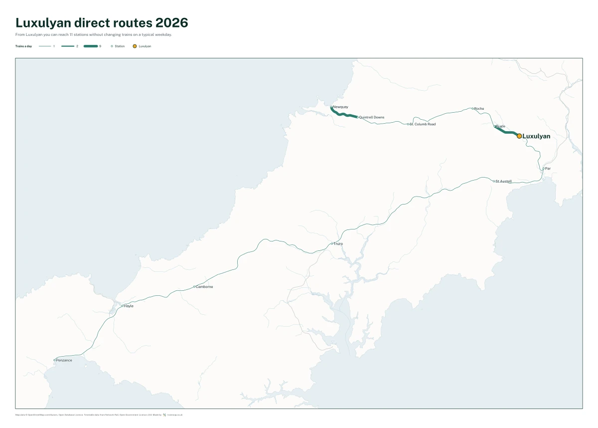 Luxulyan direct routes 2026: a map of every station you can reach from Luxulyan without changing trains, the lines thicker where more trains run