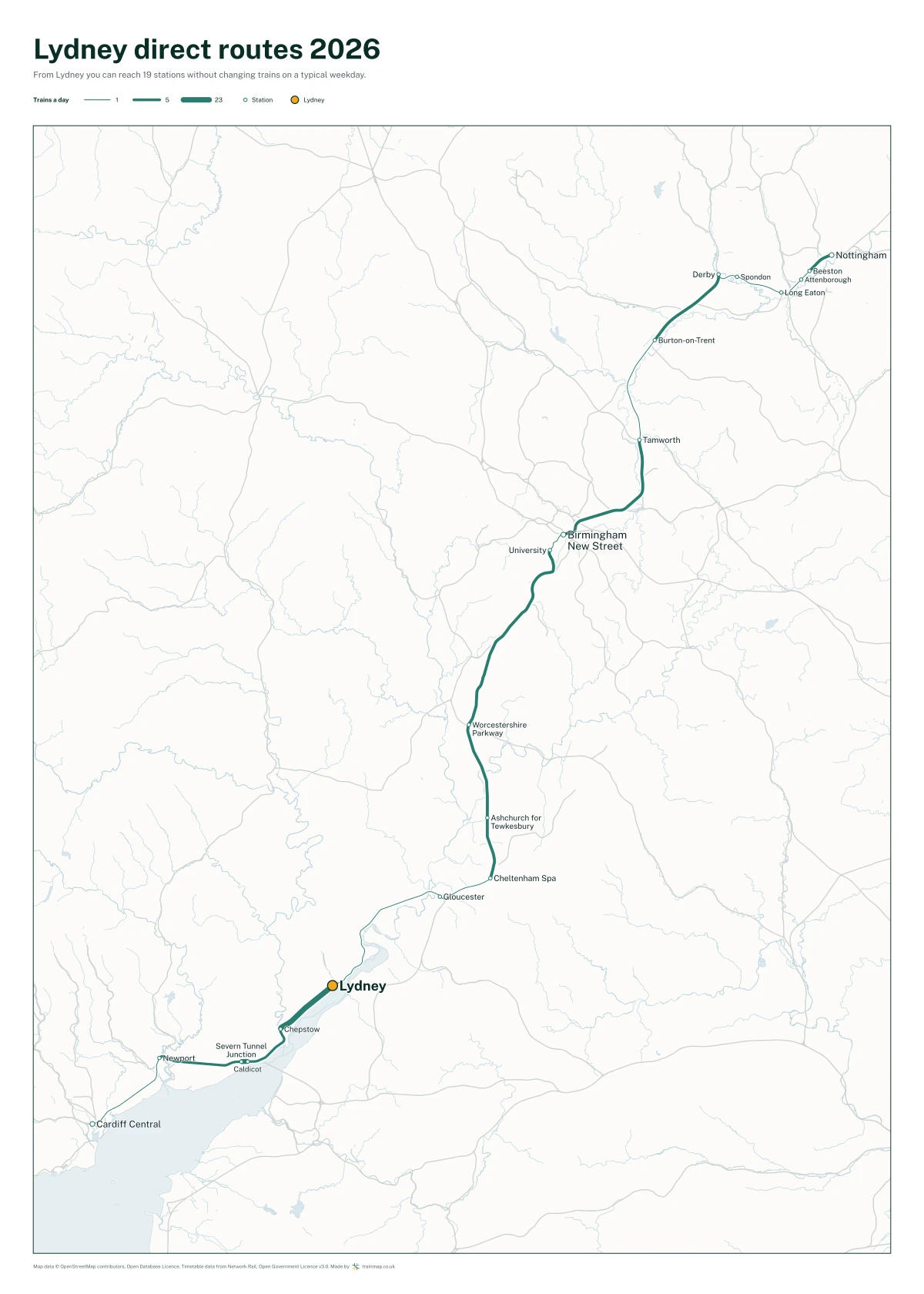 Lydney direct routes 2026: a map of every station you can reach from Lydney without changing trains, the lines thicker where more trains run