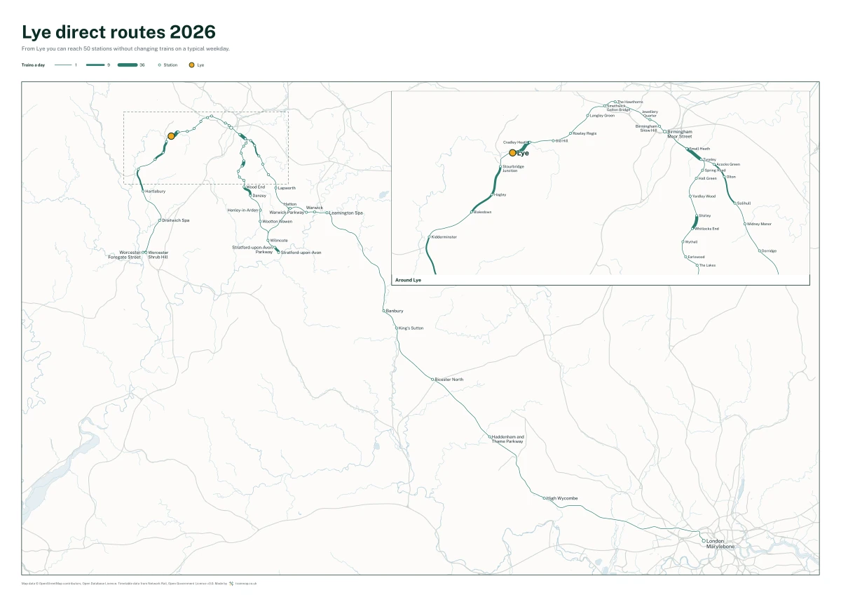 Lye direct routes 2026: a map of every station you can reach from Lye without changing trains, the lines thicker where more trains run