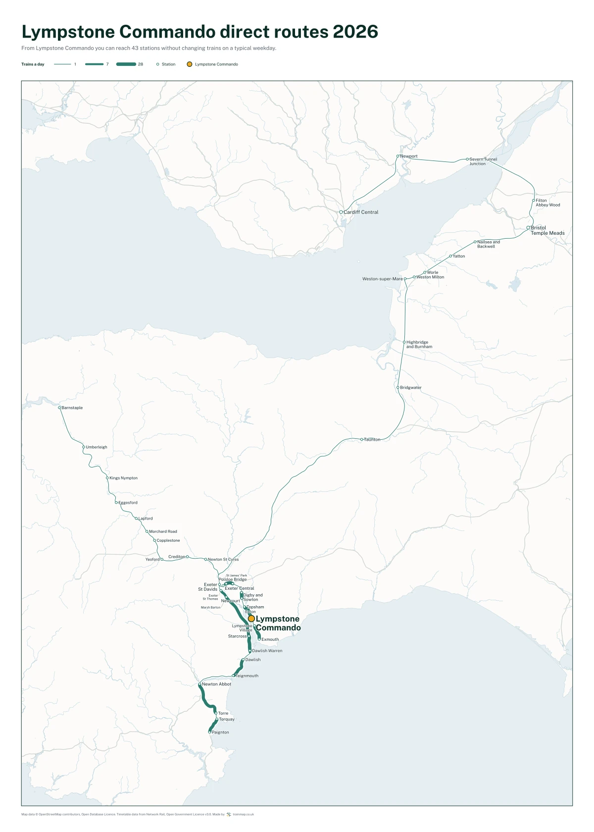 Lympstone Commando direct routes 2026: a map of every station you can reach from Lympstone Commando without changing trains, the lines thicker where more trains run