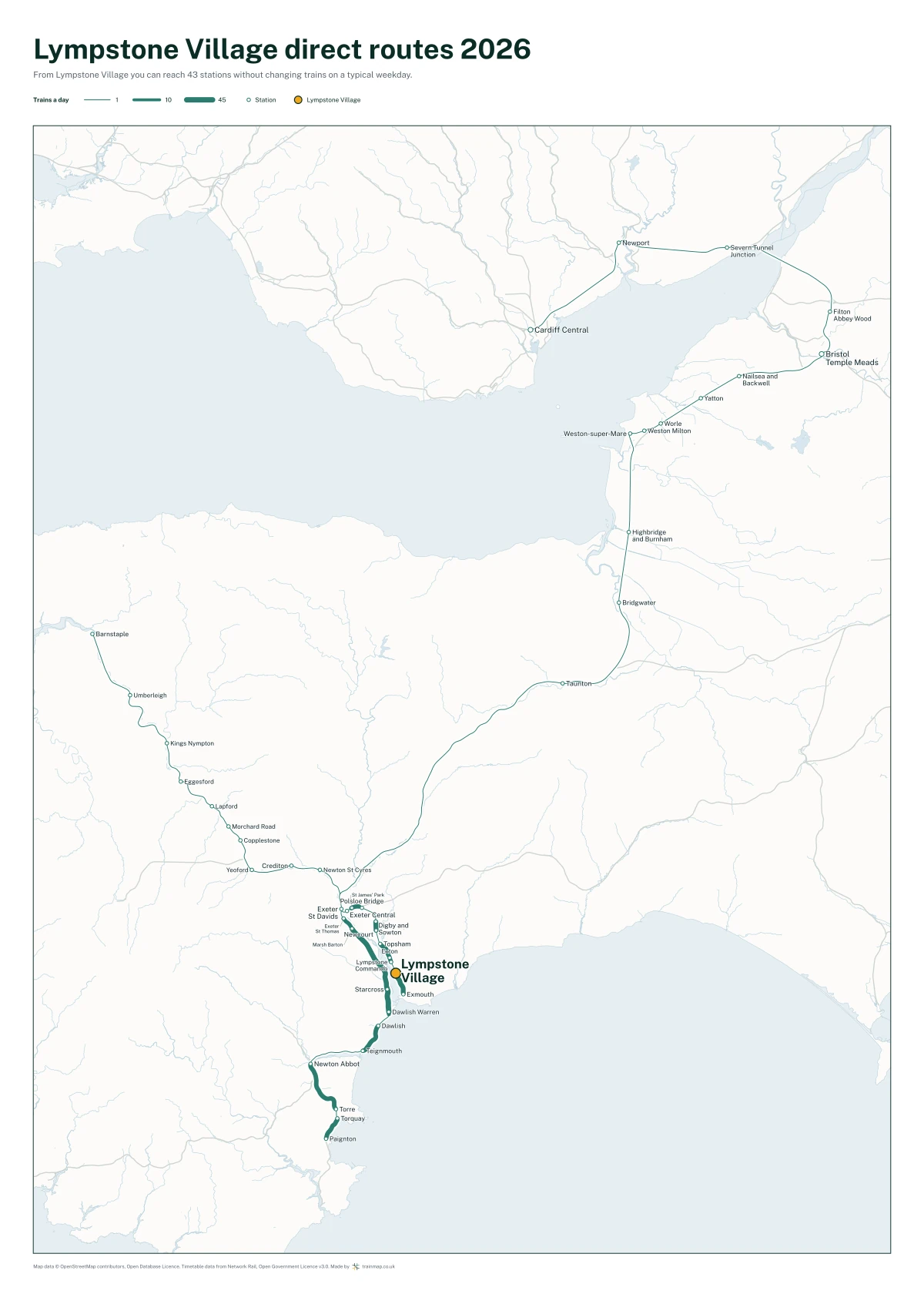 Lympstone Village direct routes 2026: a map of every station you can reach from Lympstone Village without changing trains, the lines thicker where more trains run