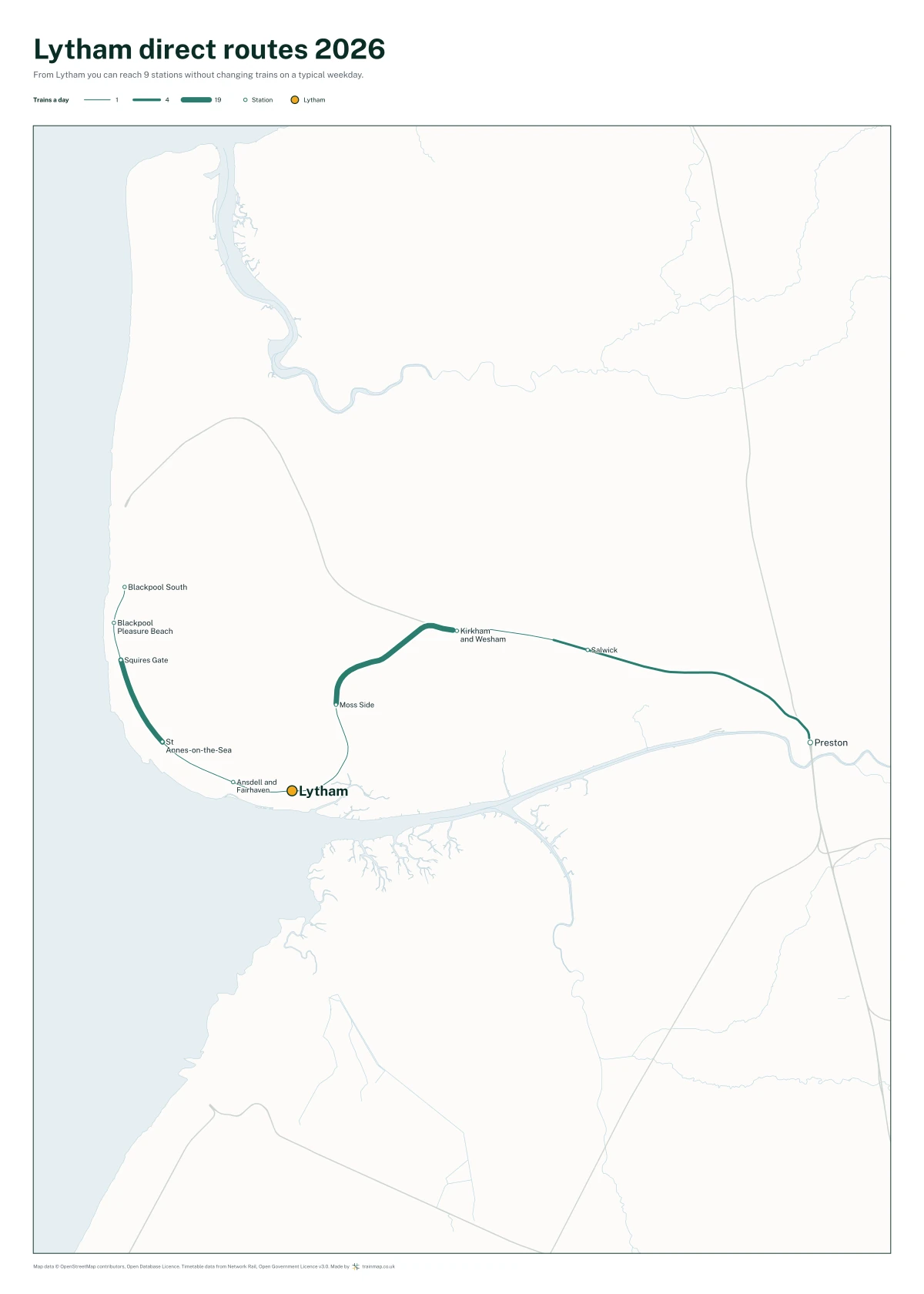 Lytham direct routes 2026: a map of every station you can reach from Lytham without changing trains, the lines thicker where more trains run