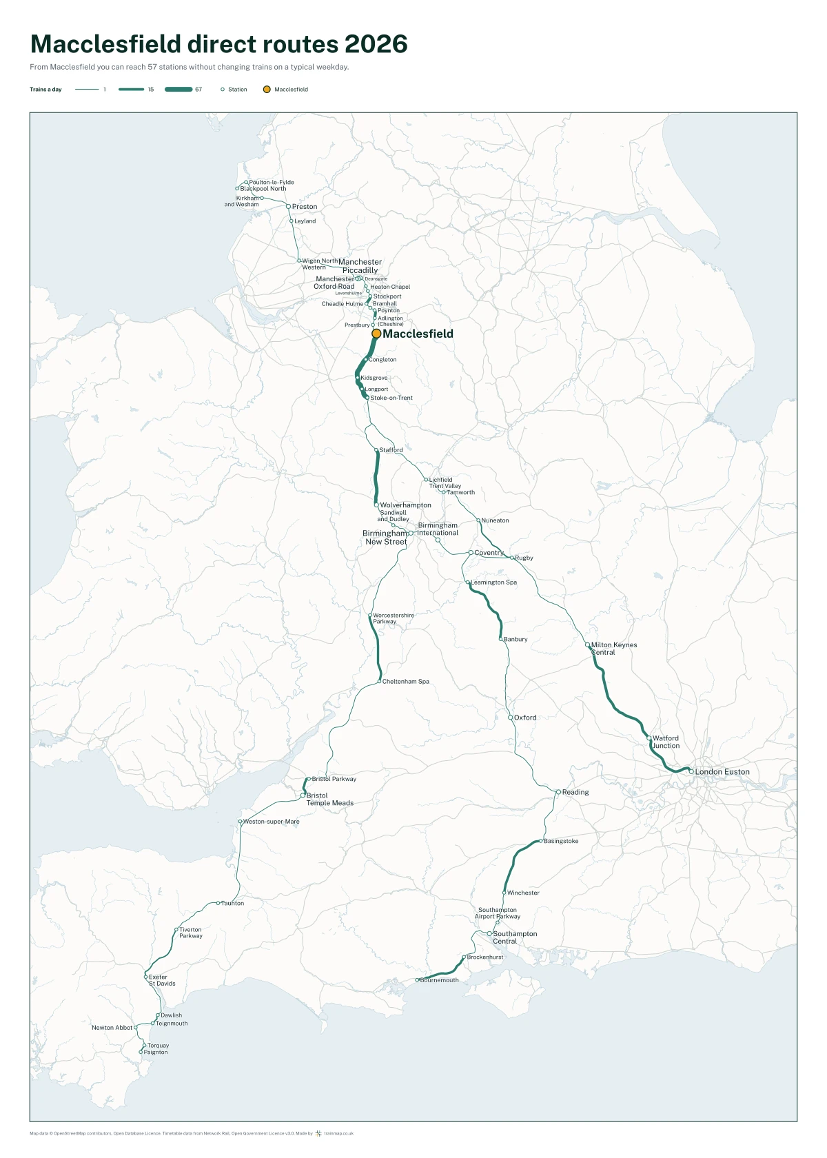 Macclesfield direct routes 2026: a map of every station you can reach from Macclesfield without changing trains, the lines thicker where more trains run