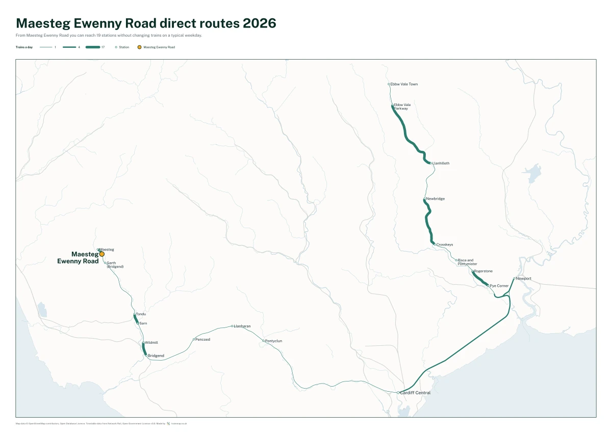 Maesteg Ewenny Road direct routes 2026: a map of every station you can reach from Maesteg Ewenny Road without changing trains, the lines thicker where more trains run