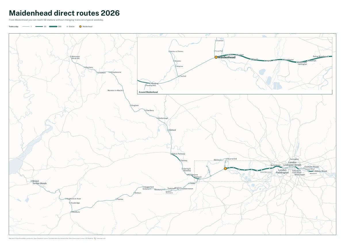 Maidenhead direct routes 2026: a map of every station you can reach from Maidenhead without changing trains, the lines thicker where more trains run
