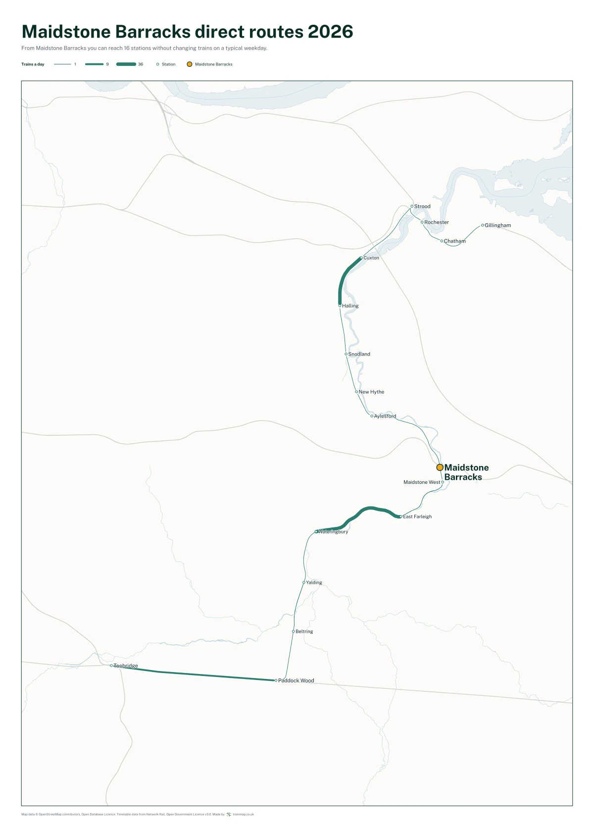 Maidstone Barracks direct routes 2026: a map of every station you can reach from Maidstone Barracks without changing trains, the lines thicker where more trains run