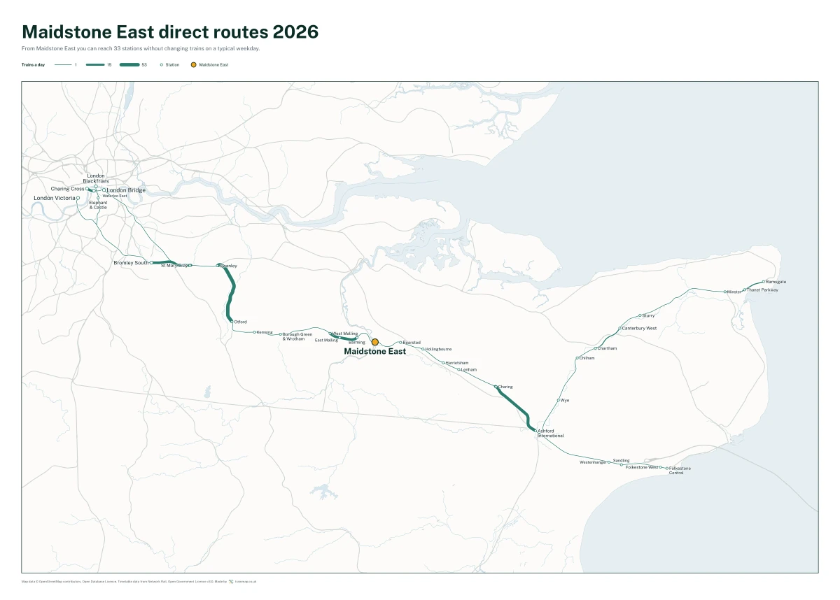 Maidstone East direct routes 2026: a map of every station you can reach from Maidstone East without changing trains, the lines thicker where more trains run