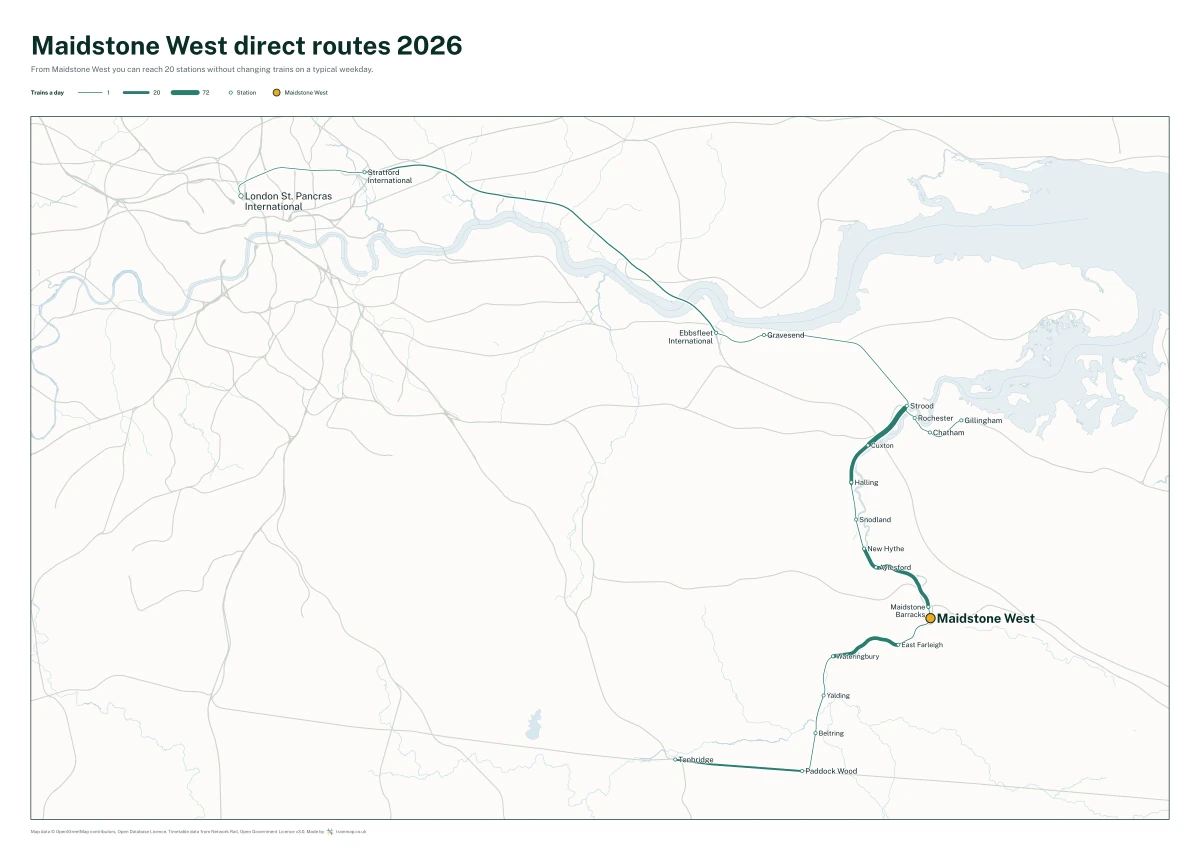 Maidstone West direct routes 2026: a map of every station you can reach from Maidstone West without changing trains, the lines thicker where more trains run